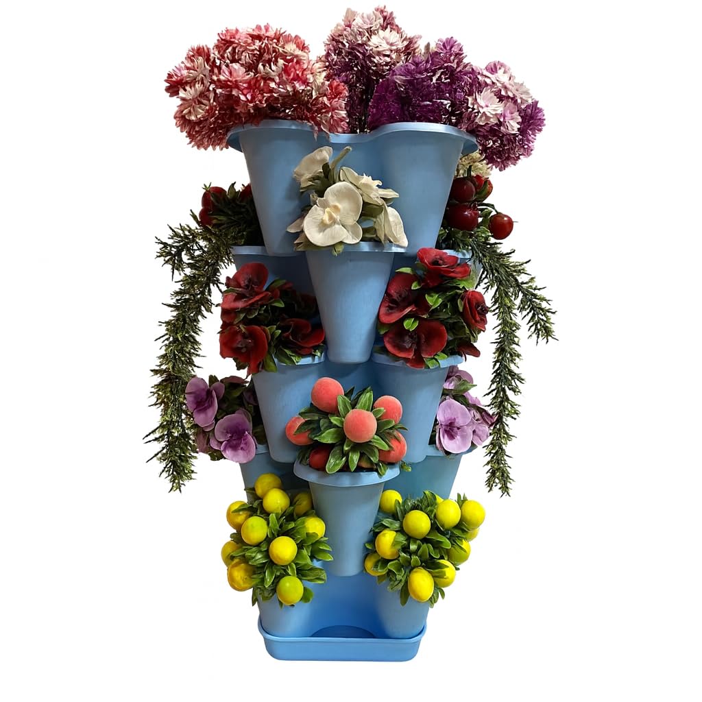 5 Katlı Şanslı Yonca Kule Saksı Seti Çiçek Bitki Sebze Meyve Salon Mutfak Banyo Bahçe Saksı Seti (Açık Mavi)
