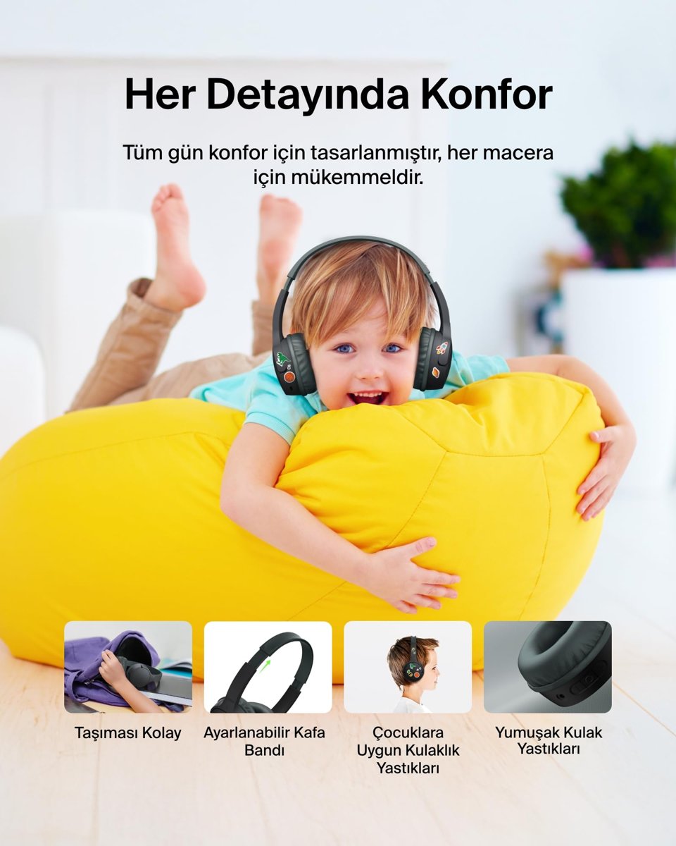 Belkin SoundForm Mini Çocuk Kablosuz Kulaklık (Siyah) – Dahili Mikrofon, 30 Saat Çalma, Eğlenceli Çıkartmalar, iPhone, iPad ve Galaxy Uyumlu