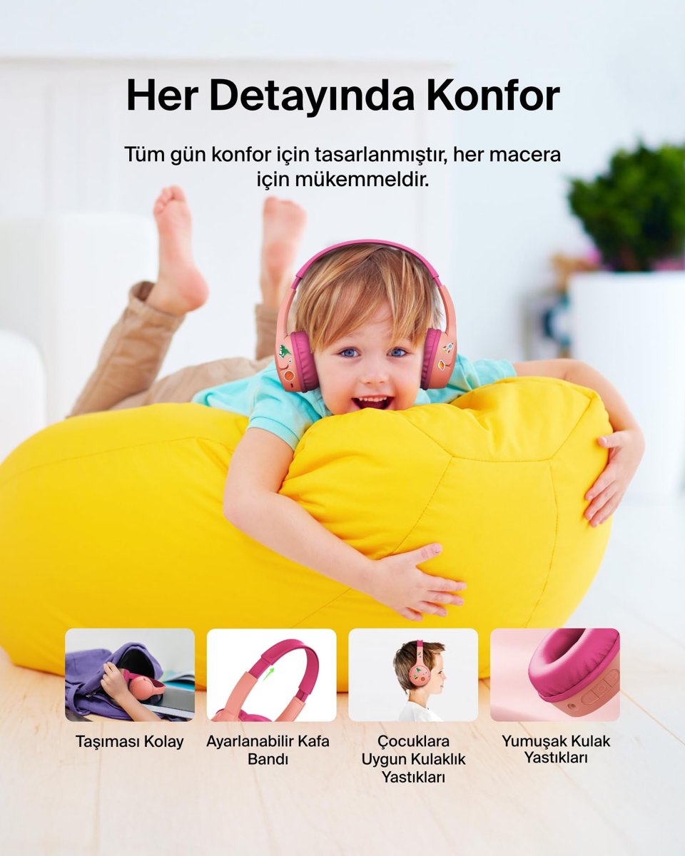 Belkin SoundForm Mini Çocuk Kablosuz Kulaklık (Pembe) – Dahili Mikrofon, 30 Saat Çalma, Eğlenceli Çıkartmalar, Okul ve Seyahat için, iPhone, iPad, Galaxy Uyumlu