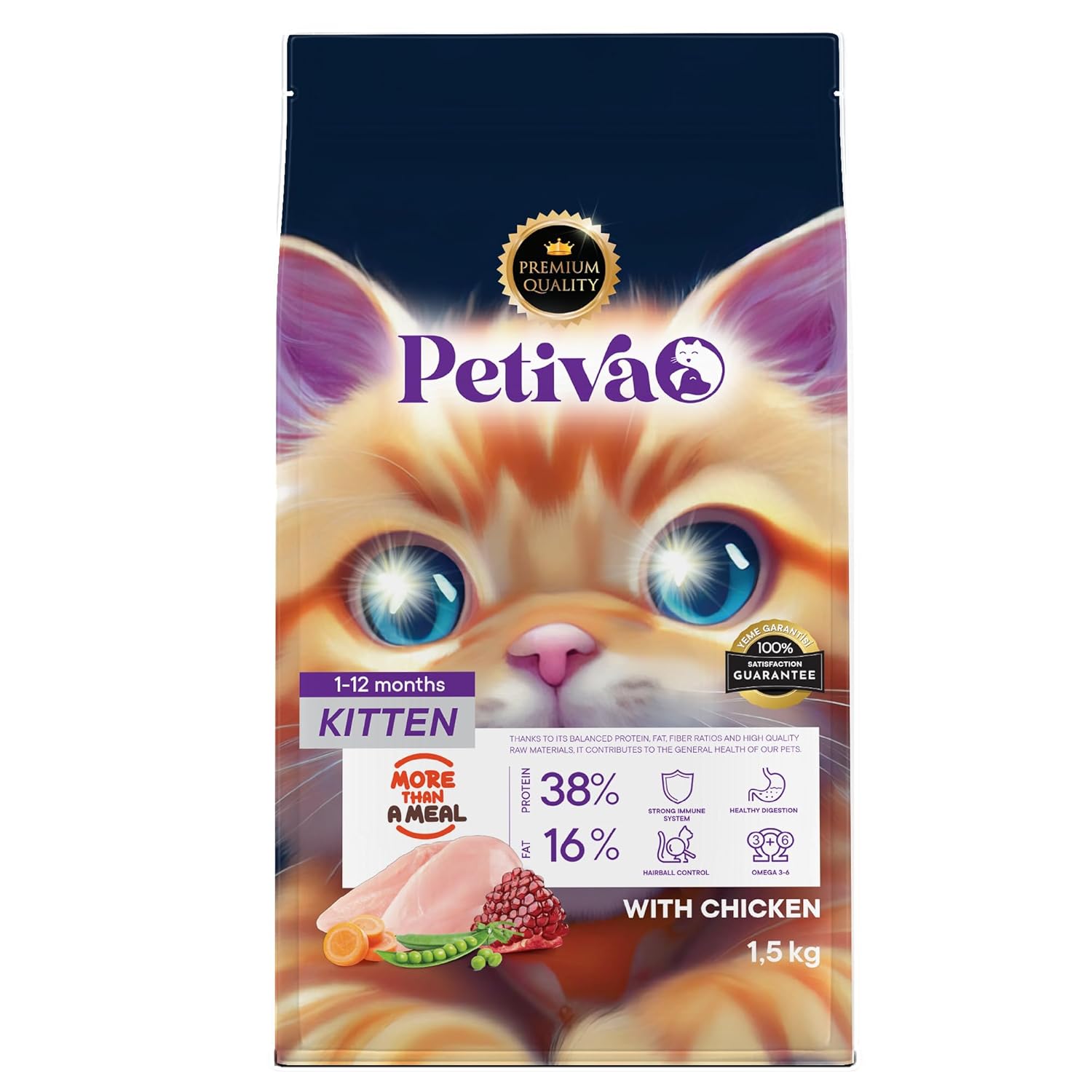 Petiva Yavru Kediler İçin Tavuk Etli Kuru Kedi Maması (1.5 Kg, Tavuk)