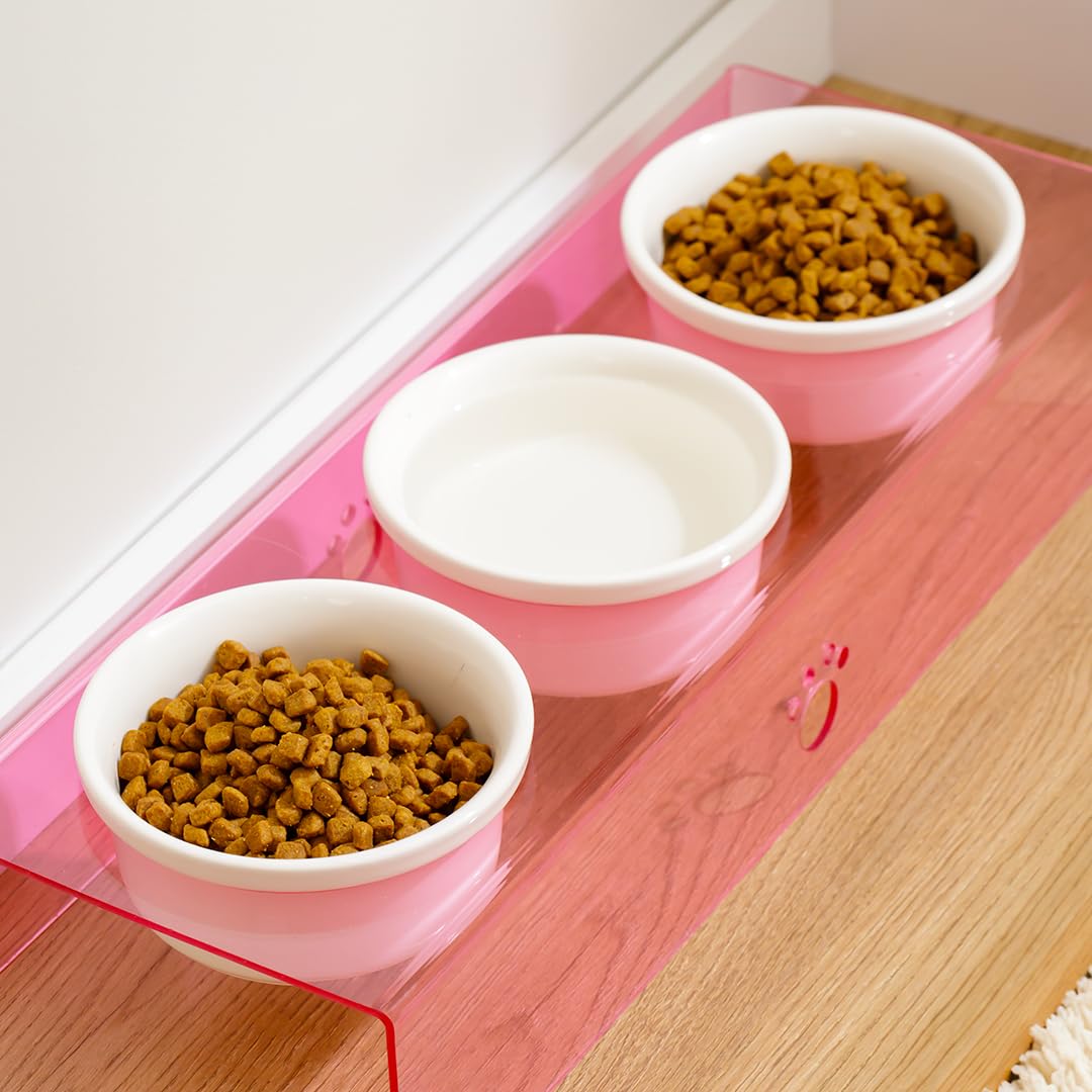 Herniks Pati Desenli Şeffaf Pleksi Ve Seramik Üçlü Mama Kabı 44x15 Cm (Pembe)