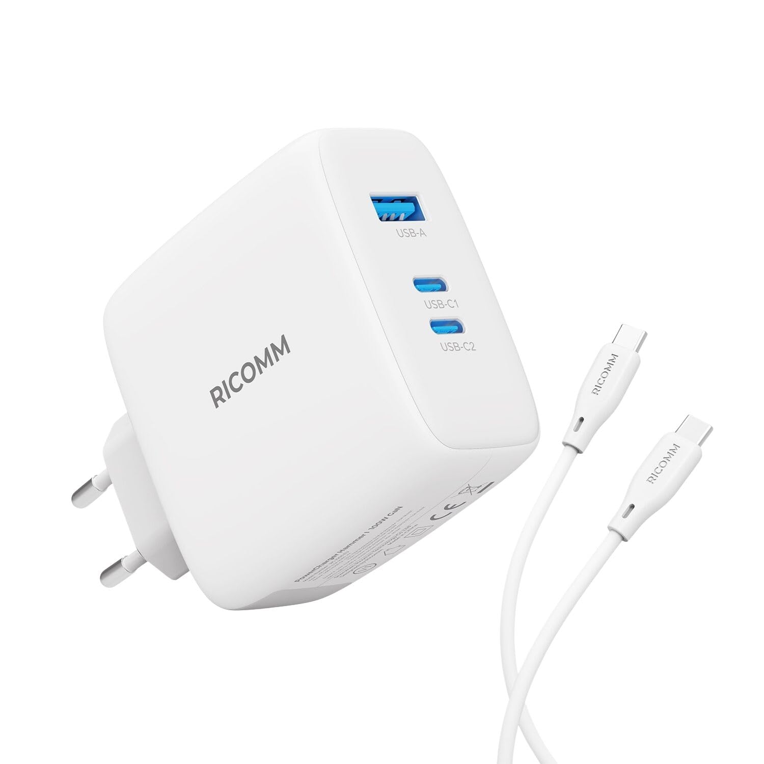 Ricomm 100W GaN 3 Portlu USB-C + USB-A Şarj Aleti QC5.0 PD iPhone, iPad, Samsung, Xiaomi, Notebook, Macbook Uyumlu Hızlı Şarj Cihazı + 100W Type-C Şarj Kablosu 2 Metre