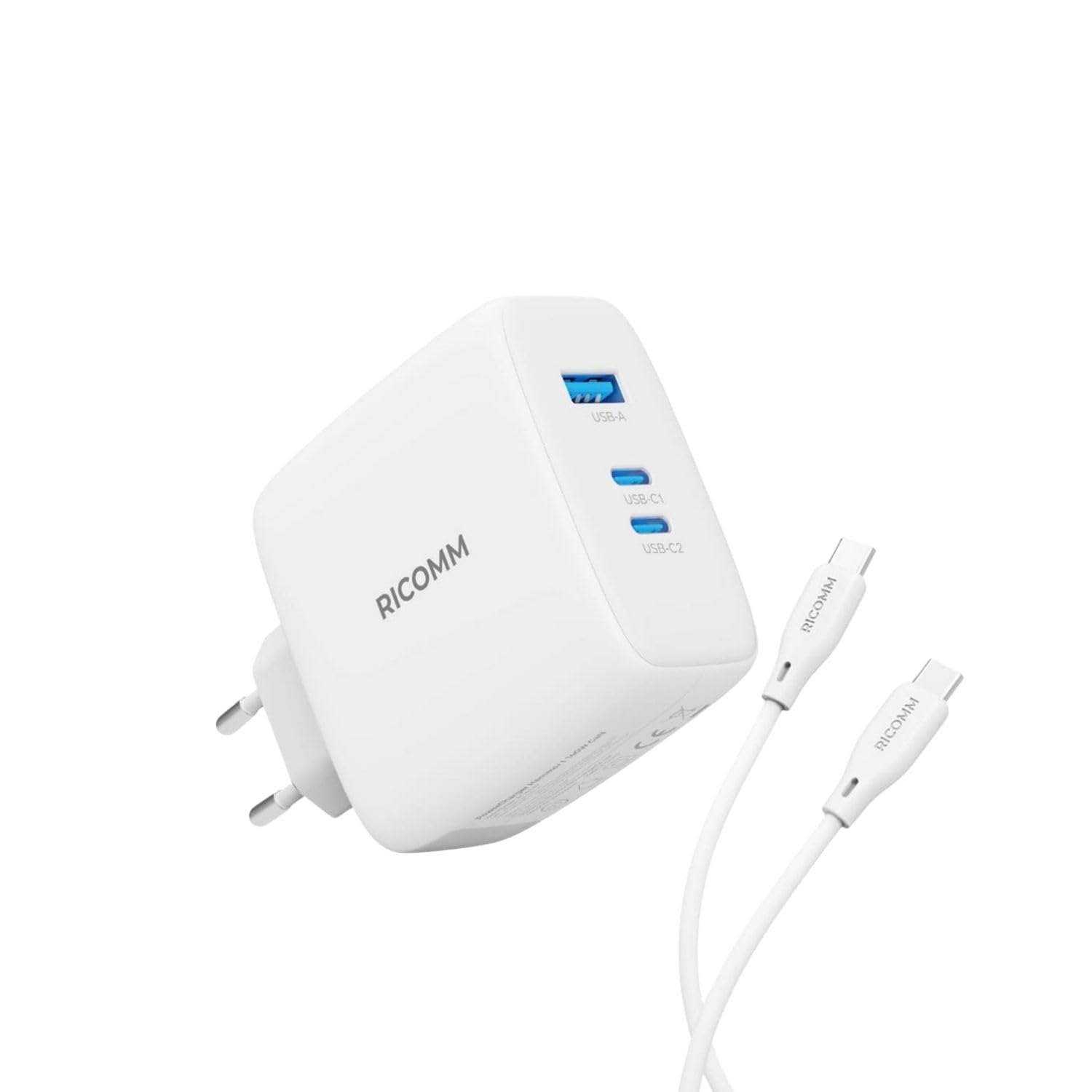 Ricomm 140W GaN 3 Portlu USB-C + USB-A Şarj Aleti QC5.0 PD3.1 iPhone, iPad, Samsung, Xiaomi, Notebook, Macbook Air Uyumlu Hızlı Şarj Cihazı + 2 Metre Type-C Kablosu