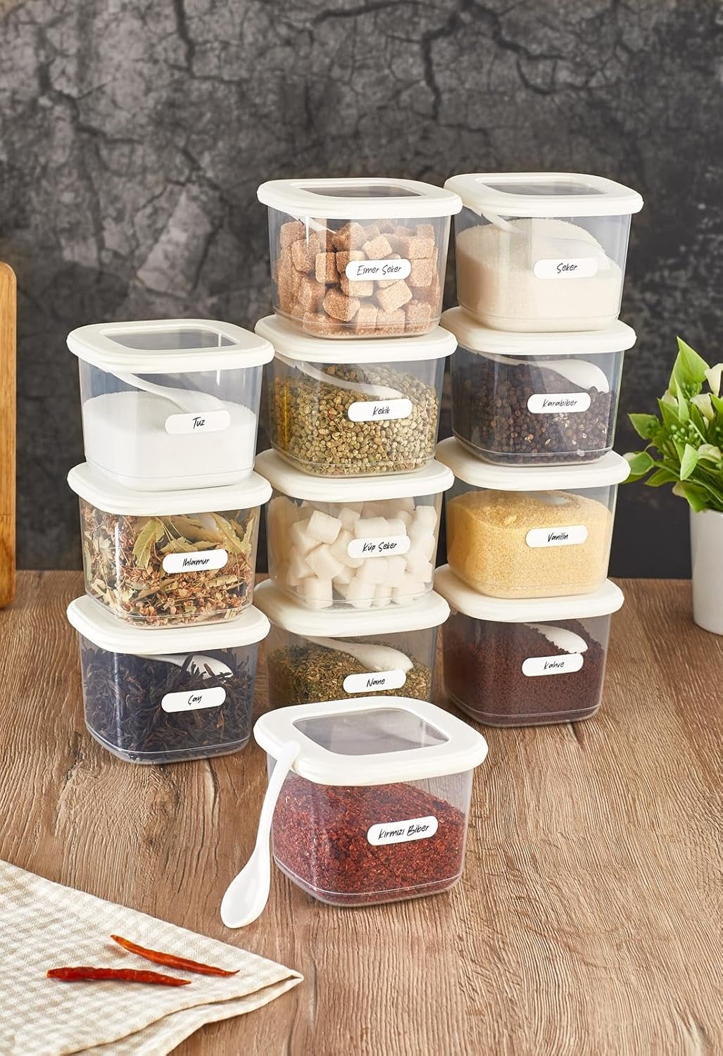 Vienev Vienev Foly 12'Li Set Küçük Boy 0,55 Litre Etiketli Kaşıklı Kare Erzak Saklama Kabı Beyaz