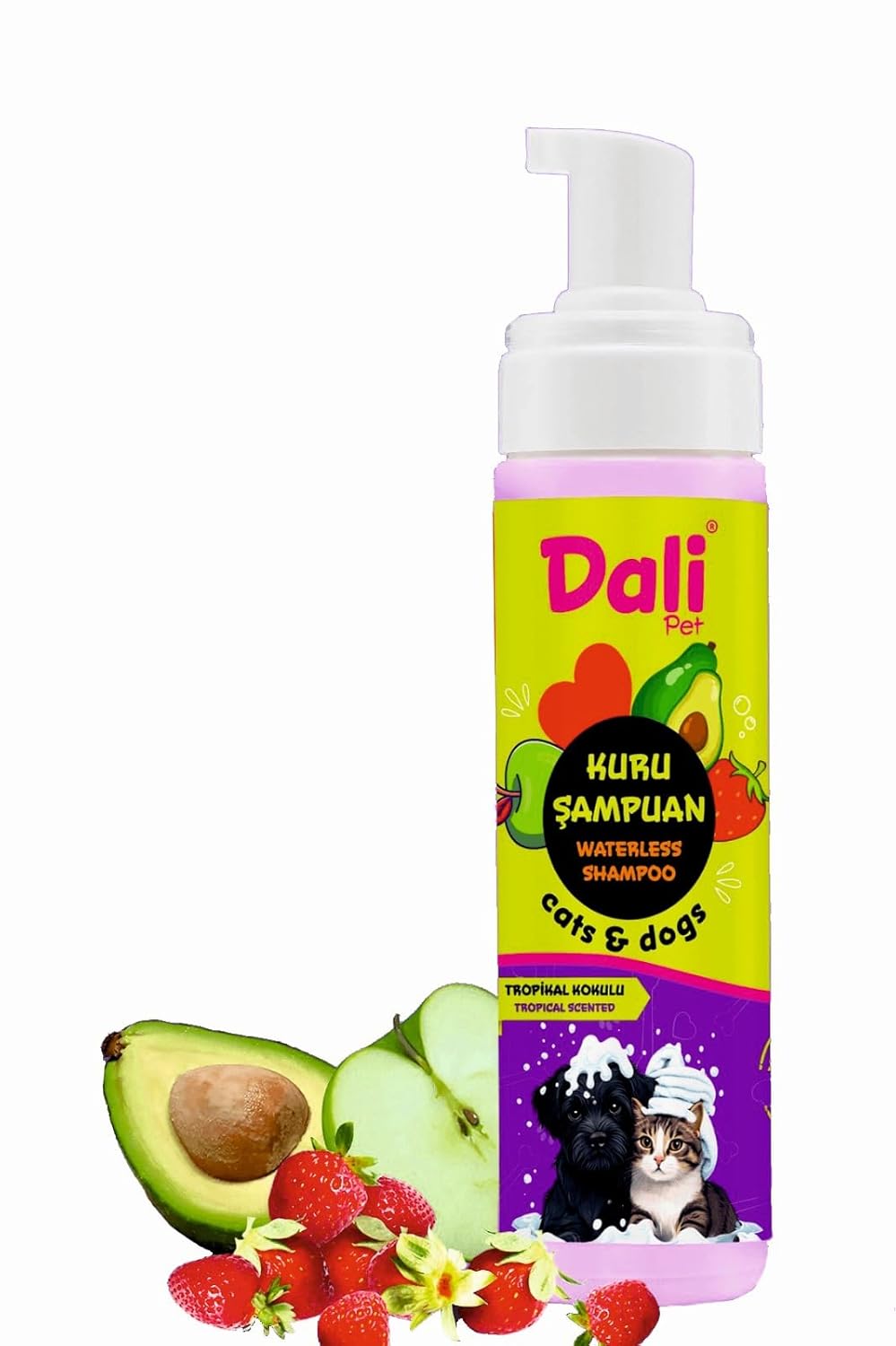Dali Pet Kedi ve Köpekler için Kuru Şampuan, Durulamasız, Susuz - Bit, Pire, Dış Parazit, Kene, Uyuz Önleyici, Kaşıntı Giderici, Tarak ile Kullanılabilir, Tropikal Meyve Kokulu, 200 ML