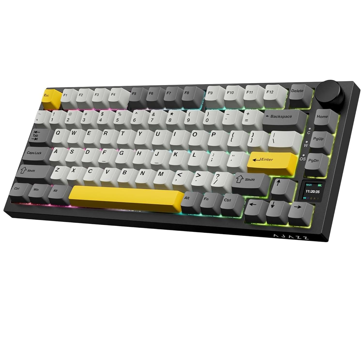 coverzone Ajazz AK820 Pro 3 Modlu%75 Mekanik Klavye, TFT Akıllı Ekran ve Düğmeye Sahip Gasket-Mounted Oyuncu Klavyesi, Bluetooth 5.1/2.4g Kablosuz/Type-C Kablolu (AK820 PRO - Sarı Siyah - Gift Switch)