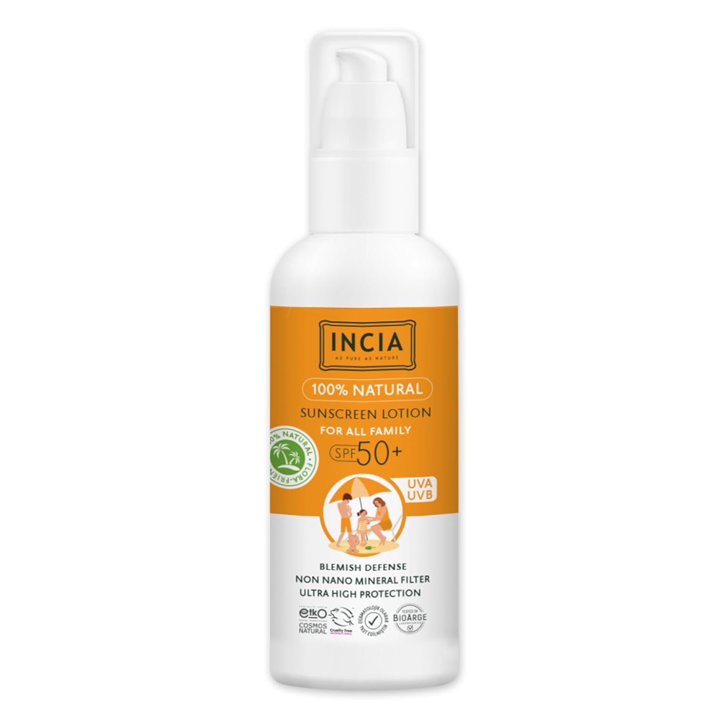 INCIA%100 Doğal ve Organik Tamanu Yağlı Güneş Losyonu Mineral Filtreli Tüm Aile Için 50 SPF 100 ml
