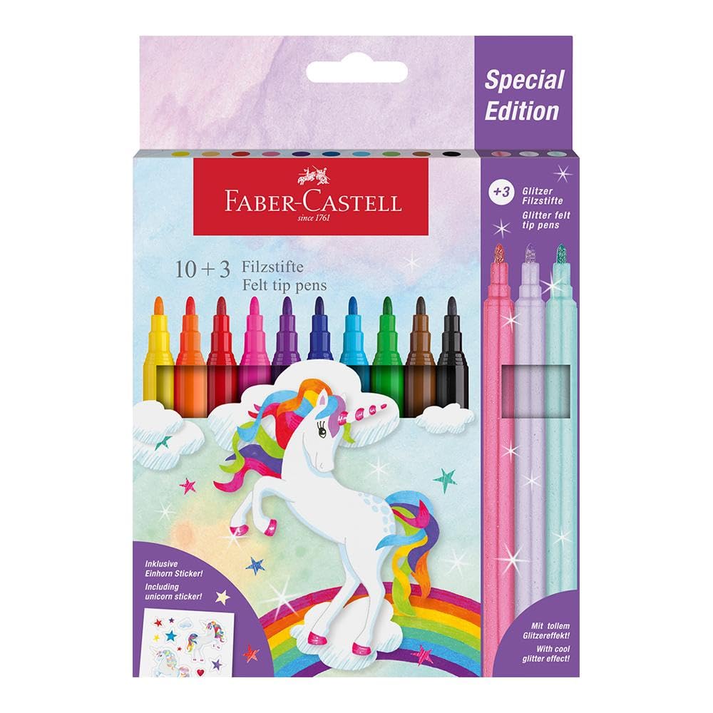 Faber-Castell 554213 - Keçeli kalem seti, tek boynuzlu at, 13 keçeli kalem, standart ve pastel renklerde, tek boynuzlu at çıkartması dahil