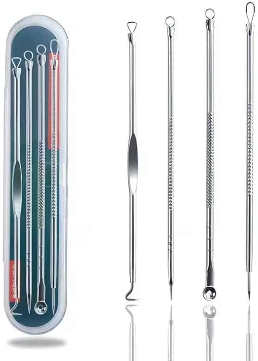 Hoala Hoala Akne Ve Siyah Nokta Temizleyici Komedon Seti, 4 Parçalı Paslanmaz Kutulu Cilt Temizleme Seti, Yağ Bezesi, Siyah Nokta, Sivilce Giderici Cilt Aparatı