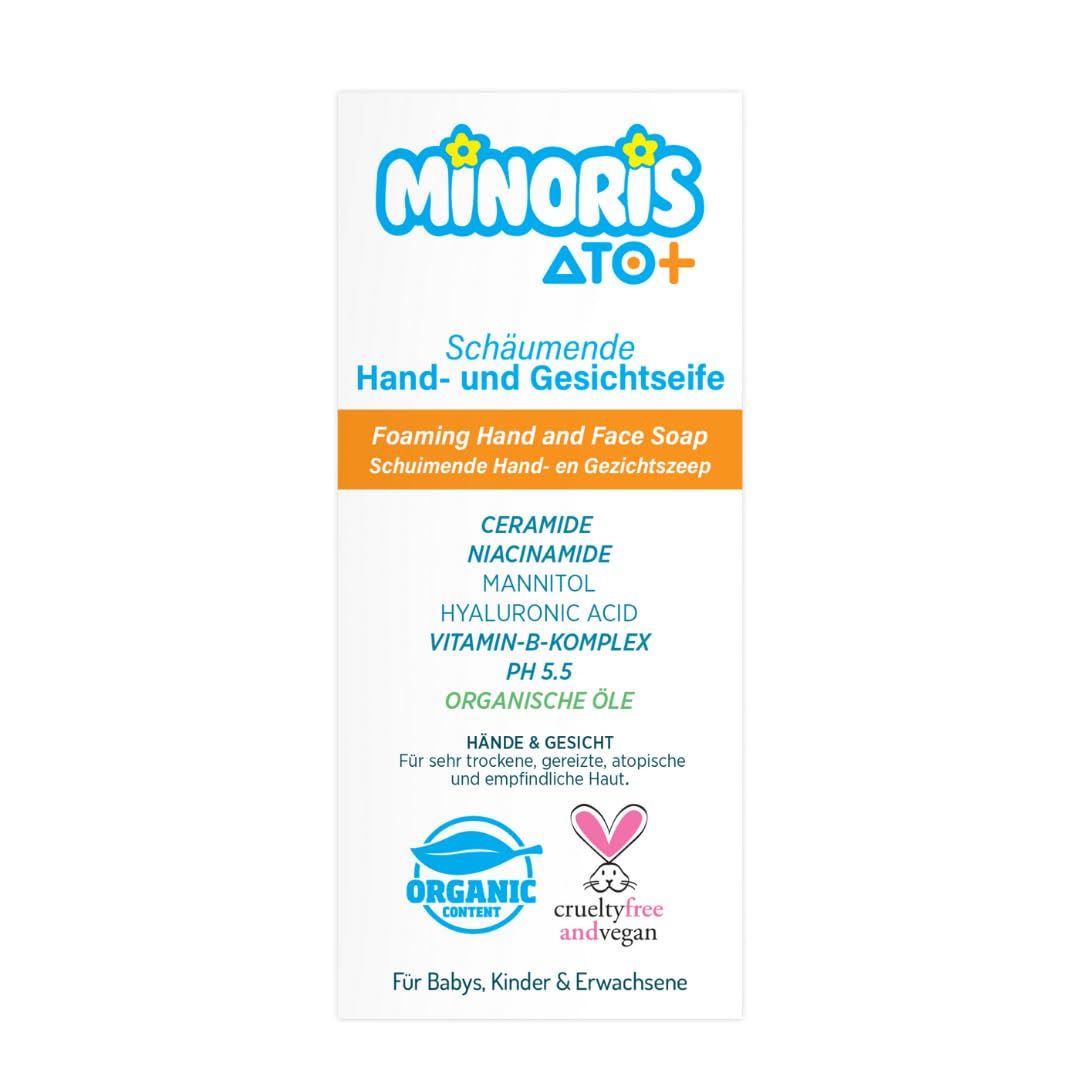 Minoris Ato+ Köpük El ve Yüz Temizleme Sabunu Minoris ATO+ Köpük El Sabunu Hassas, çok kuru ve atopik, atopiğe eğilim gösteren ciltlere özel besleyici, yeniden yapılandırıcı, yoğun nemlendirici 300 ml