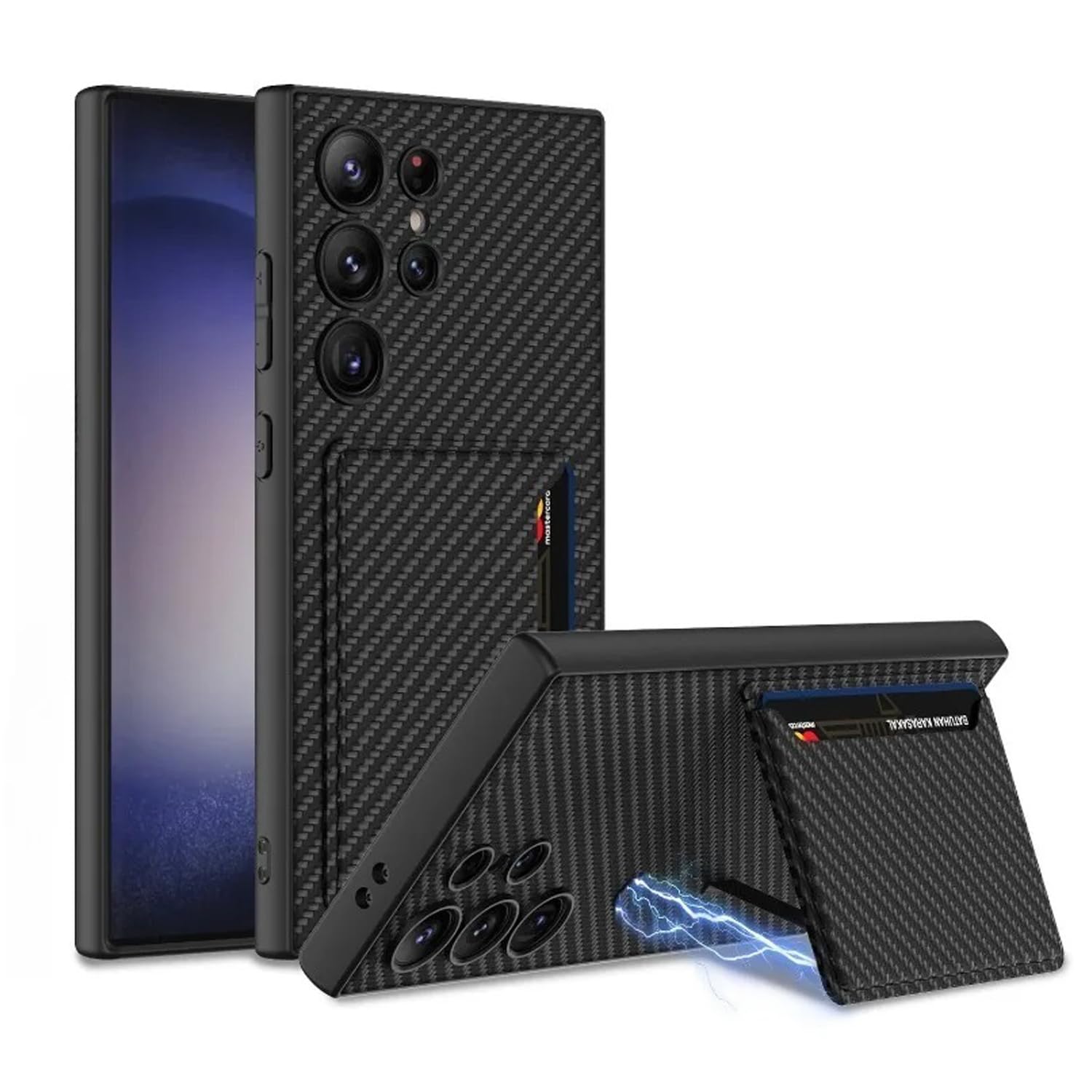 Coverzone Samsung Galaxy S24 ile uyumlu Kartlıklı Cüzdan Stand olabilen Full Suni Deri Kaplama Karbon Görünümlü Magnetic özellikli MagSafe ile uyumlu Elit Premium Case Karbon