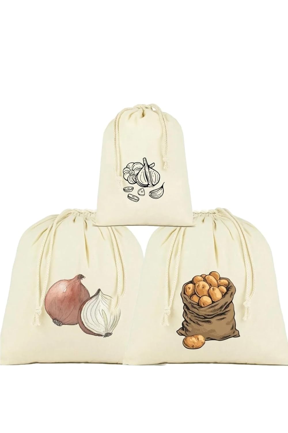 stonehill Patates, Soğan ve Sarmısak Saklama Torbası, 3'lü Set, Ham Bez Kumaş, Çekme İpli
