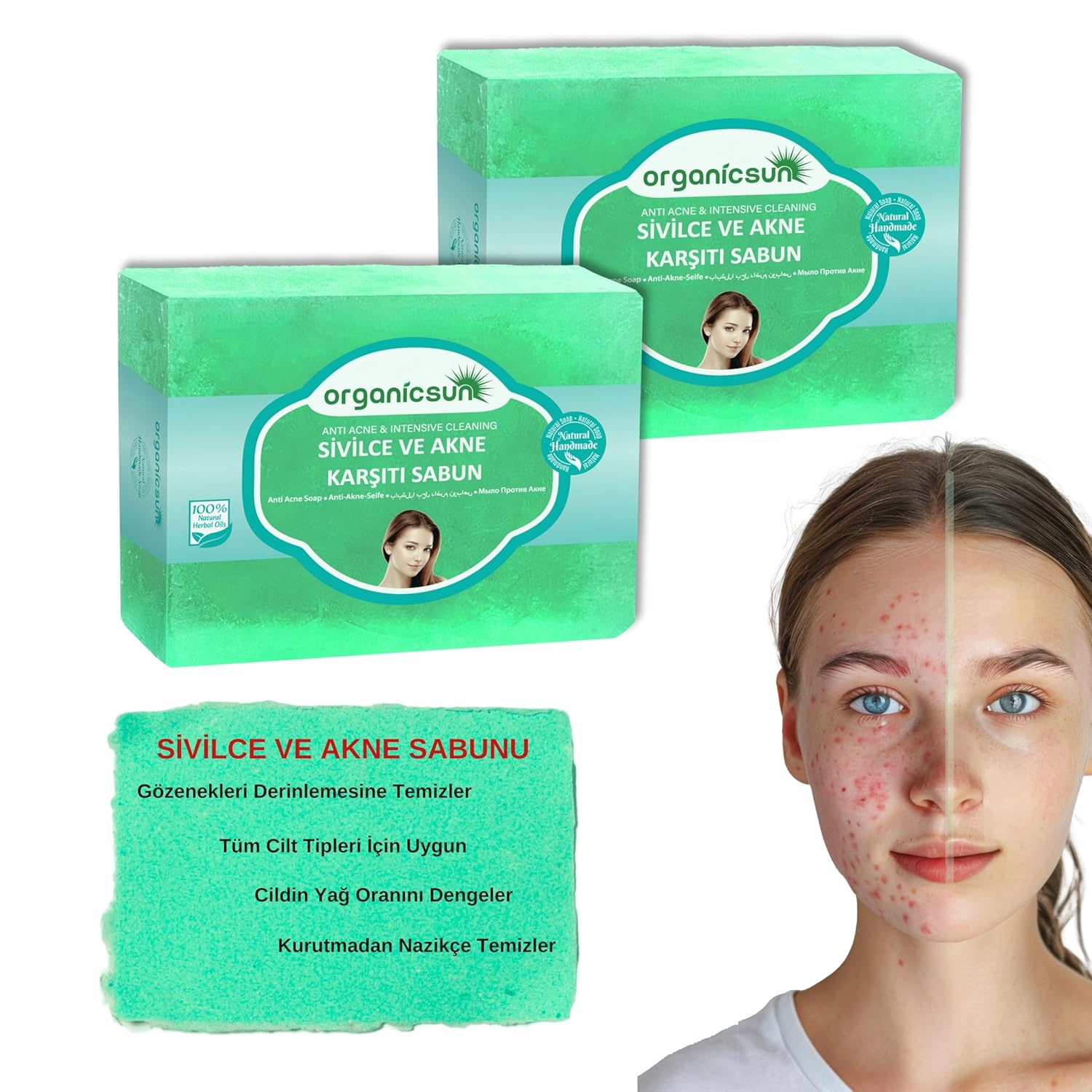 Organicsun Doğal Akne ve Sivilce Karşıtı Sabun 140 Gr x 2 Adet Tüm Cilt Tipleri İçin Natural Sabun