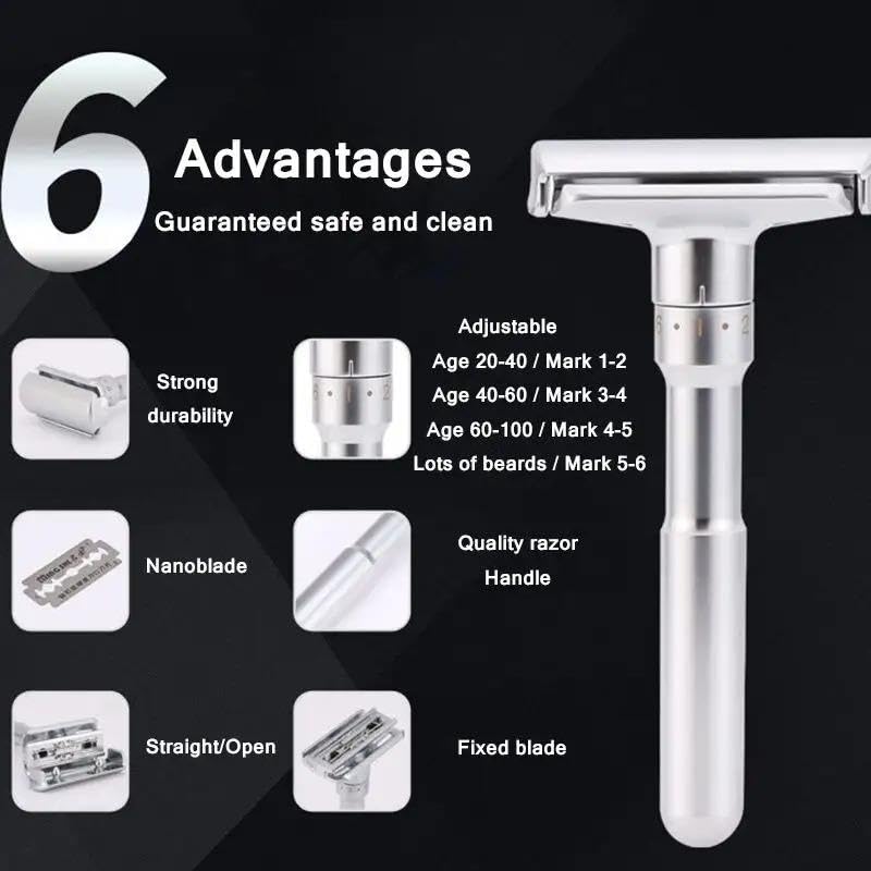 Valkyrie Metal Ayarlanabilir Manuel Geleneksel Tıraş Aleti Makinası 5 Jilet 6 Kademe Gümüş