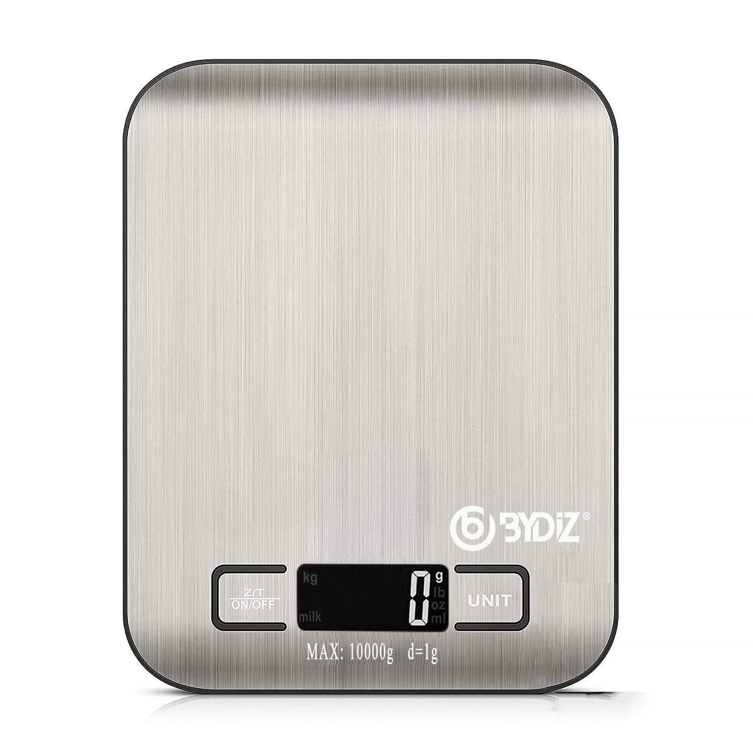 Bydiz BY-005 Dijital Mutfak Terazisi - Paslanmaz Çelik Yüzeyli Hassas Mutfak Tartısı - Dara İşlevi, LED Ekran, 5 Birim Dönüştürme ve Otomatik Kapanma Özellikli - 10 kg Tartı Kapasitesi