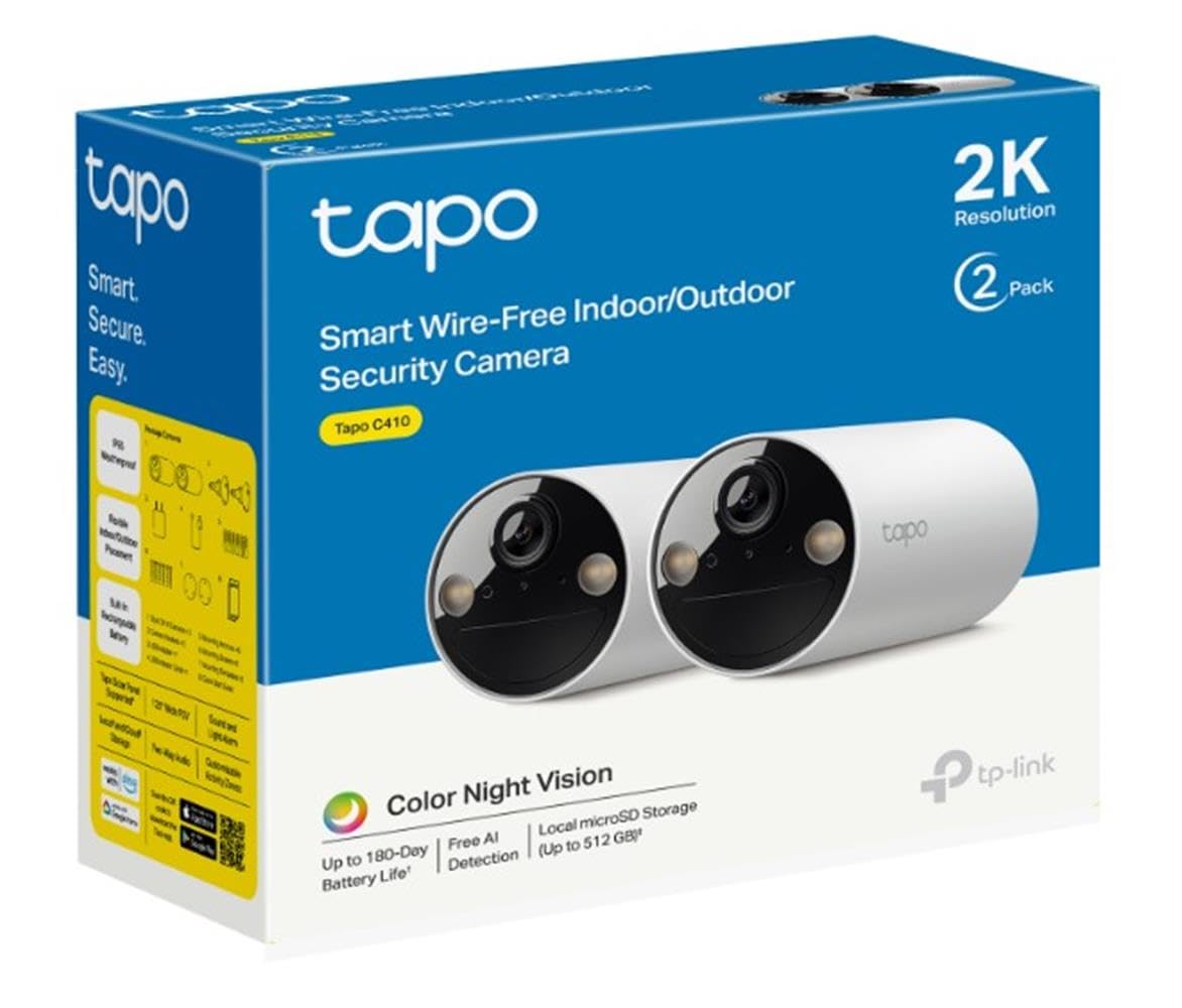 Tapo TP-Link C410 2-pack, 2K 3MP, Renkli Gece Görüşü, Şarj Edilebilir, Solar Panel Destekli, IP65, Yerel/Bulut Depolama, 110° Açılı, Işıklı ve Sesli Alarm, Kablosuz Bataryalı Güvenlik Kamerası