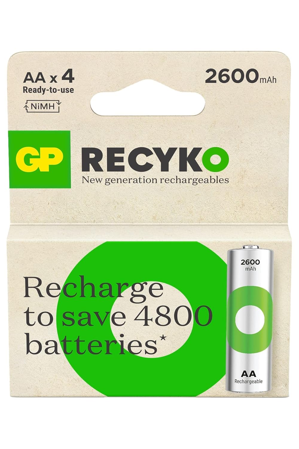 GP Batteries ReCyko 2600 AA Kalem Ni-MH Şarjlı Pil, 1.2 Volt, 4'lü Kart