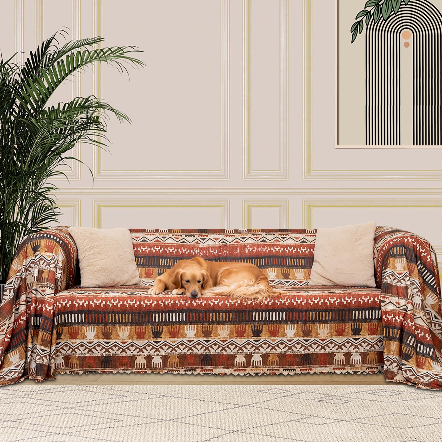 LATUDA CONCEPT SoftMicro Boho Etnik Desenli Mikrofiber Koltuk Örtüsü ve Şalı, Kaymaz Toprak180x220 cm