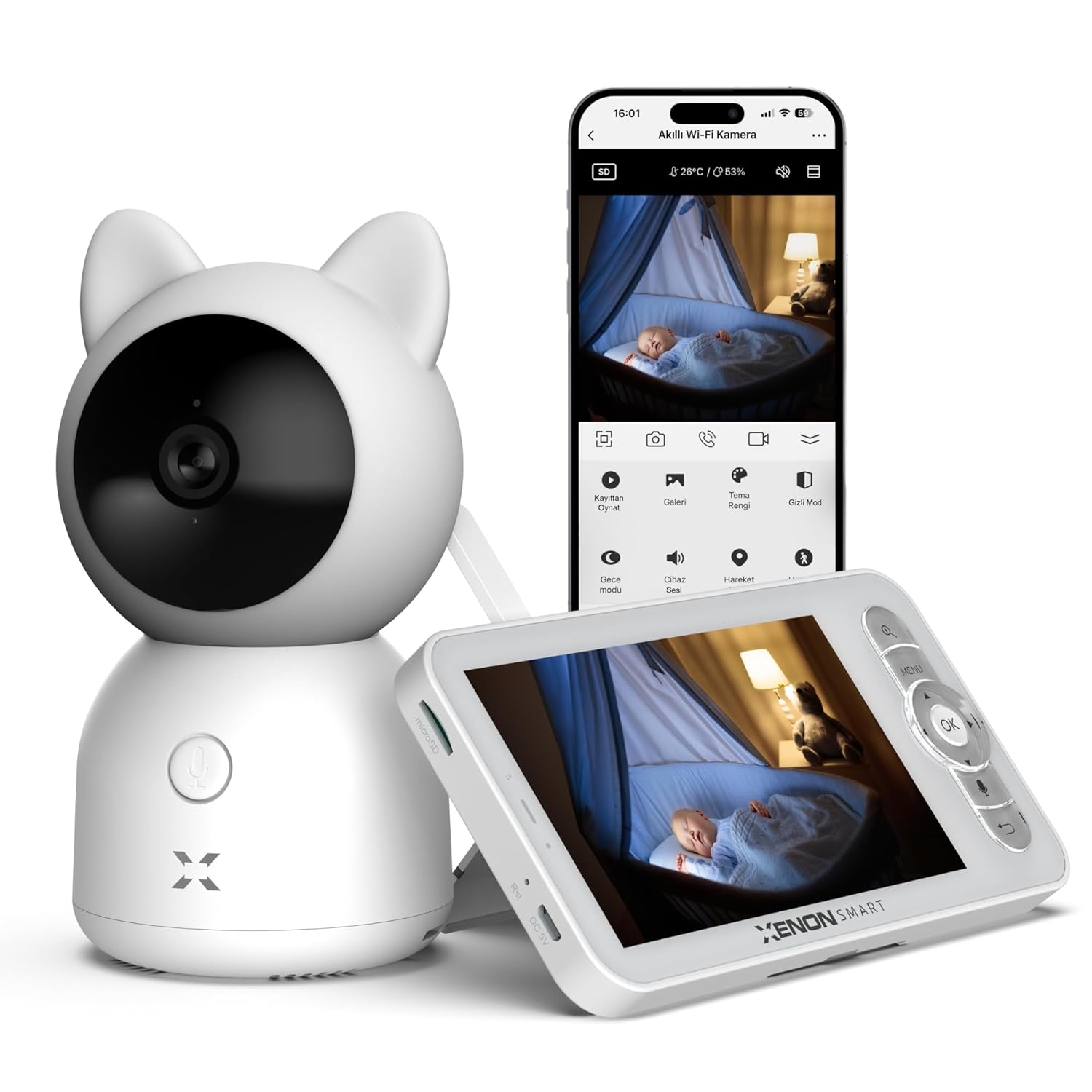 Xenon Smart Akıllı Bebek Kamerası Dijital 5'' LCD Monitörlü Mobil Uygulama Denetimli Sıcaklık ve Nem Ölçen Ninni Çalan Gece Görüşlü Çift Yönlü Ses İletişimli Bebek İzleme Monitörü Baby Camera X7202