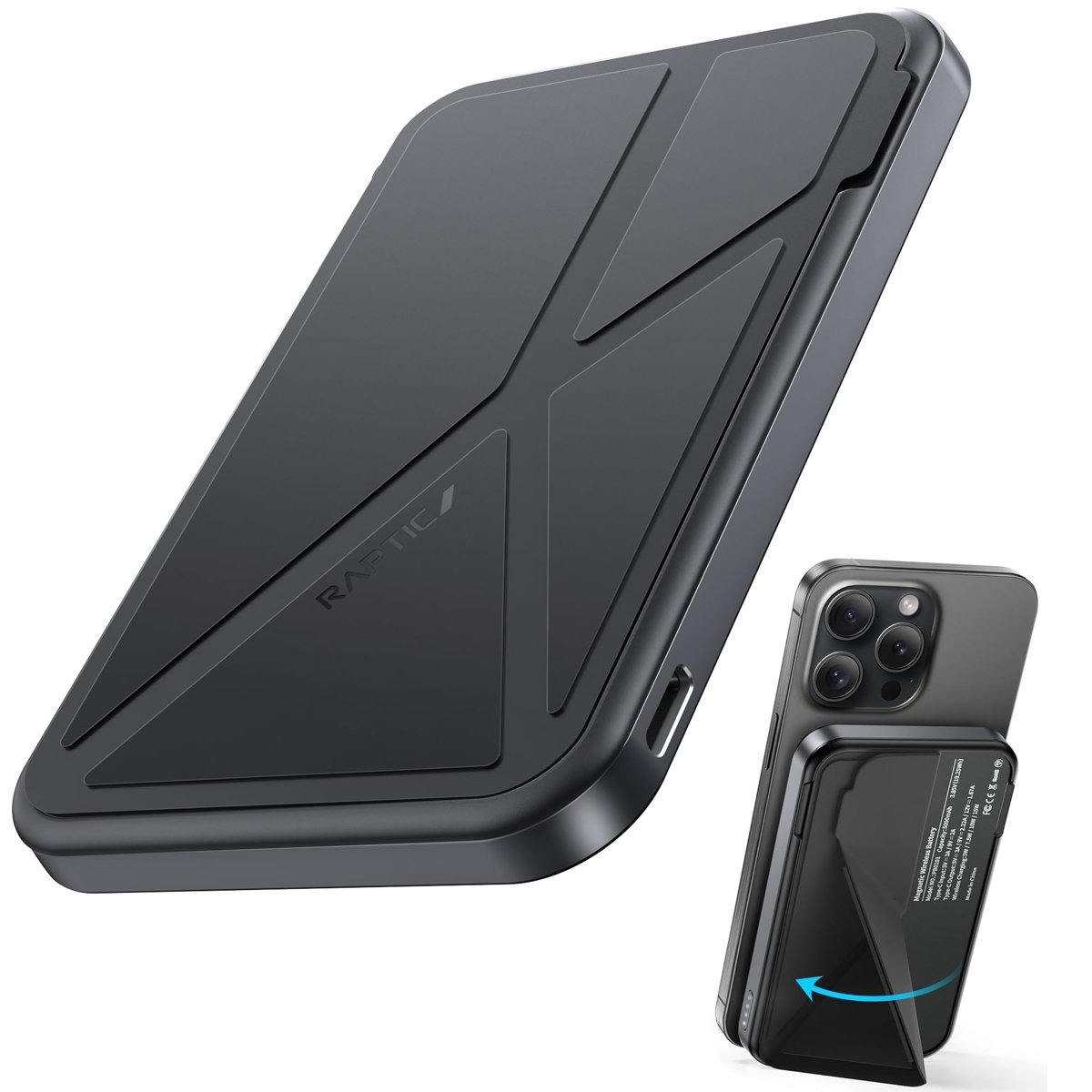 RAPTIC 2024 Yeni Yükseltme 5000mAh Manyetik Taşınabilir Şarj Cihazı Güç Bankası Standı ve USB-C Kablosu, Hızlı Şarj İnce Kompakt Kablosuz Pil Paketi iPhone 16 Pro Max/15/14/13/12, Siyah