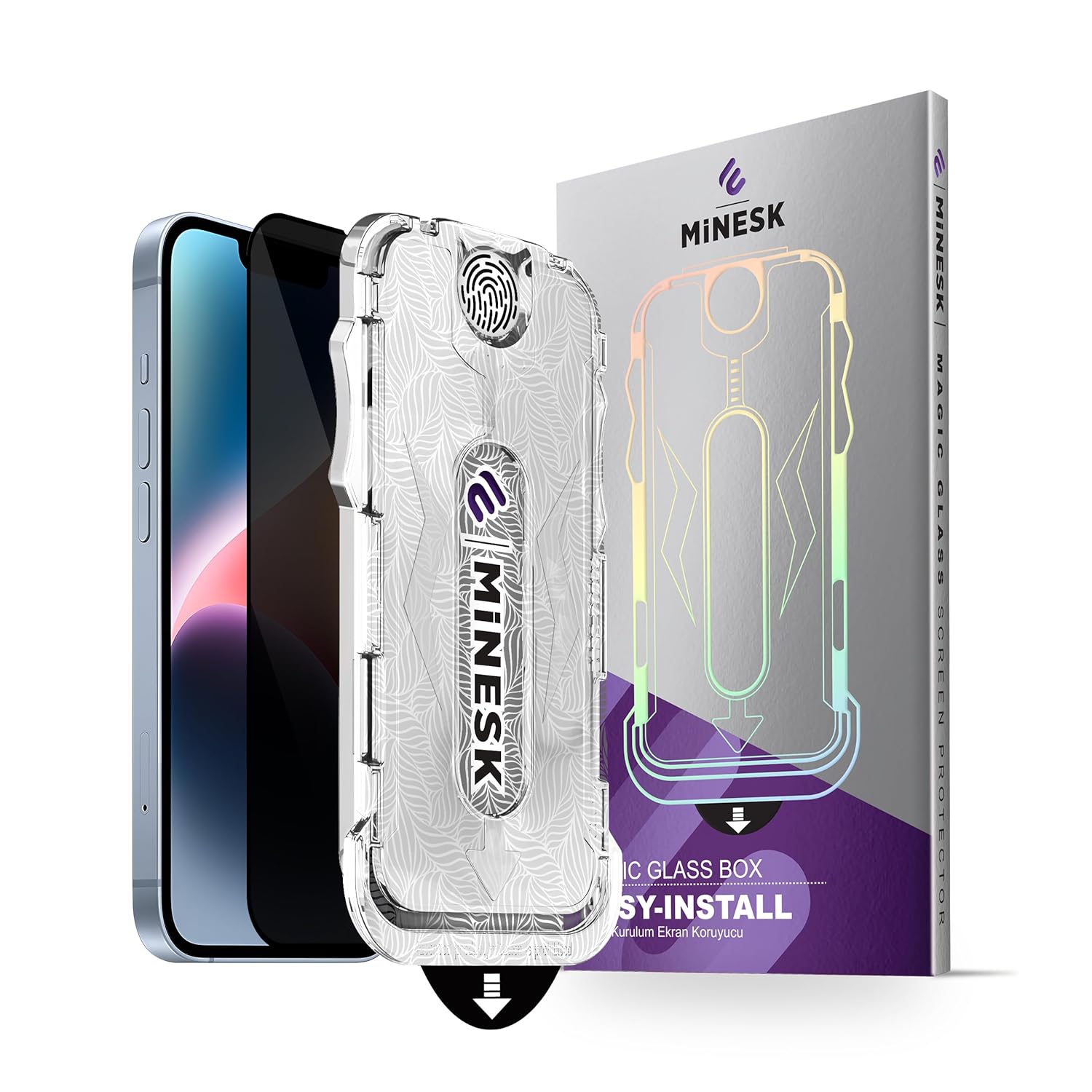 Minesk iphone 13-13 PRO-14 için Privacy Hayalet Gizlilik filtreli Kolay Kurulum Ekran Koruyucu Toz Bırakmayan ve Kendiliğinden Yapışan Hizalama Kitli Temperli Cam (13-13 Pro-14)
