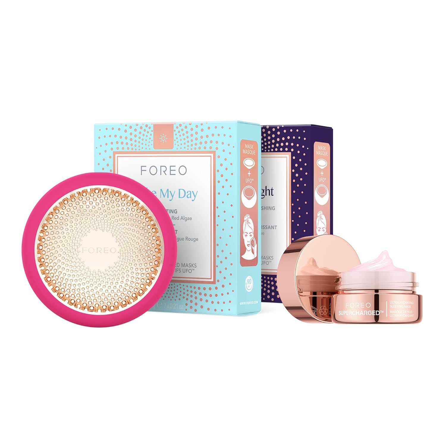 FOREO Hyper Hydra UFO 3 set – yüz maskesi cihazı + 14 UFO etkinleştirilmiş maske + ekstra nem için gece maskesi 50 ml – kırmızı ışık terapisi, termal ve kriyoterapi, T-Sonic masaj – yaşlanma karşıtı