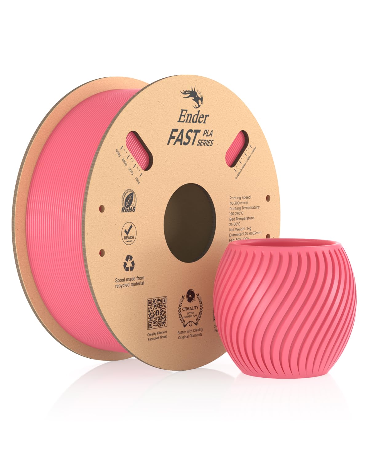 Creality Ender Fast PLA Filament 1,75 mm, 3D Yazıcı Filament 300 mm/sn'ye kadar Yüksek Hız, Geri Dönüştürülebilir Karton Makara, Çoğu FDM 3D Yazıcıya Uygun - 1 kg (2,2 lb) Pembe