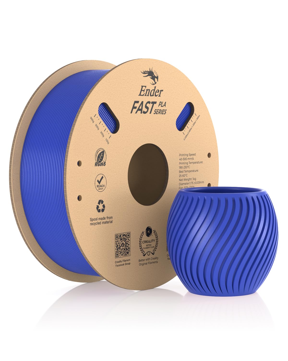 Creality Ender Fast PLA Filament 1,75 mm, 3D Yazıcı Filament 300 mm/sn'ye kadar Yüksek Hız, Geri Dönüştürülebilir Karton Makara, Çoğu FDM 3D Yazıcıya Uygun - 1 kg (2,2 lb) Mavi