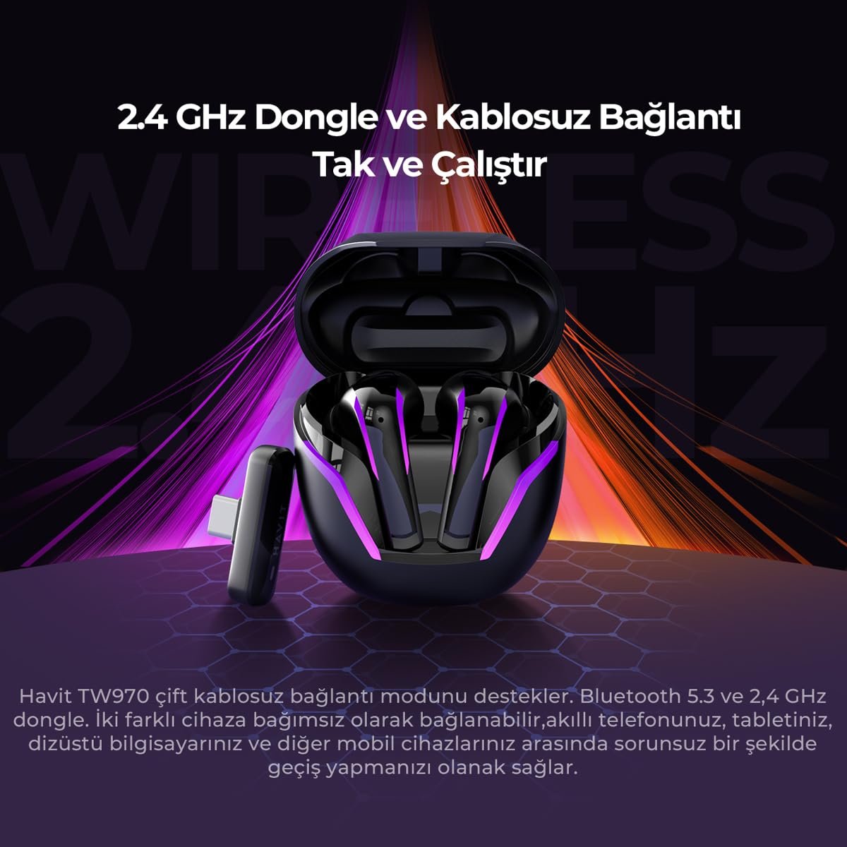 Havit TW970 TWS RGB Gaming Bluetooth Kulaklık - 2.4GHz ve Bluetooth Modu (Beyaz)