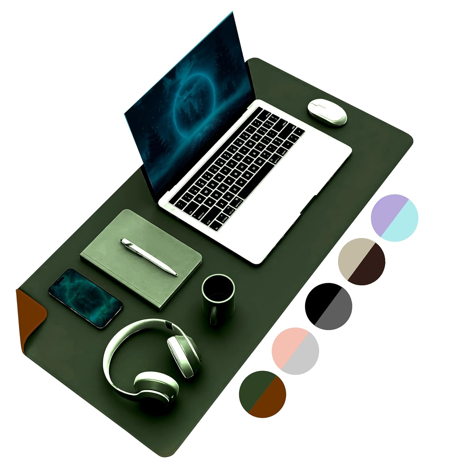 Klasse Çift Renk Dikişli PU Deri Masa Matı 80x40 Cm Mousepad, Su Geçirmez Masa Sümeni, Çift Taraflı Kullanım, Dizüstü Bilgisayar/Ofis/Ev için, Kaymaz Taban (Koyu Yeşil Ve Taba)