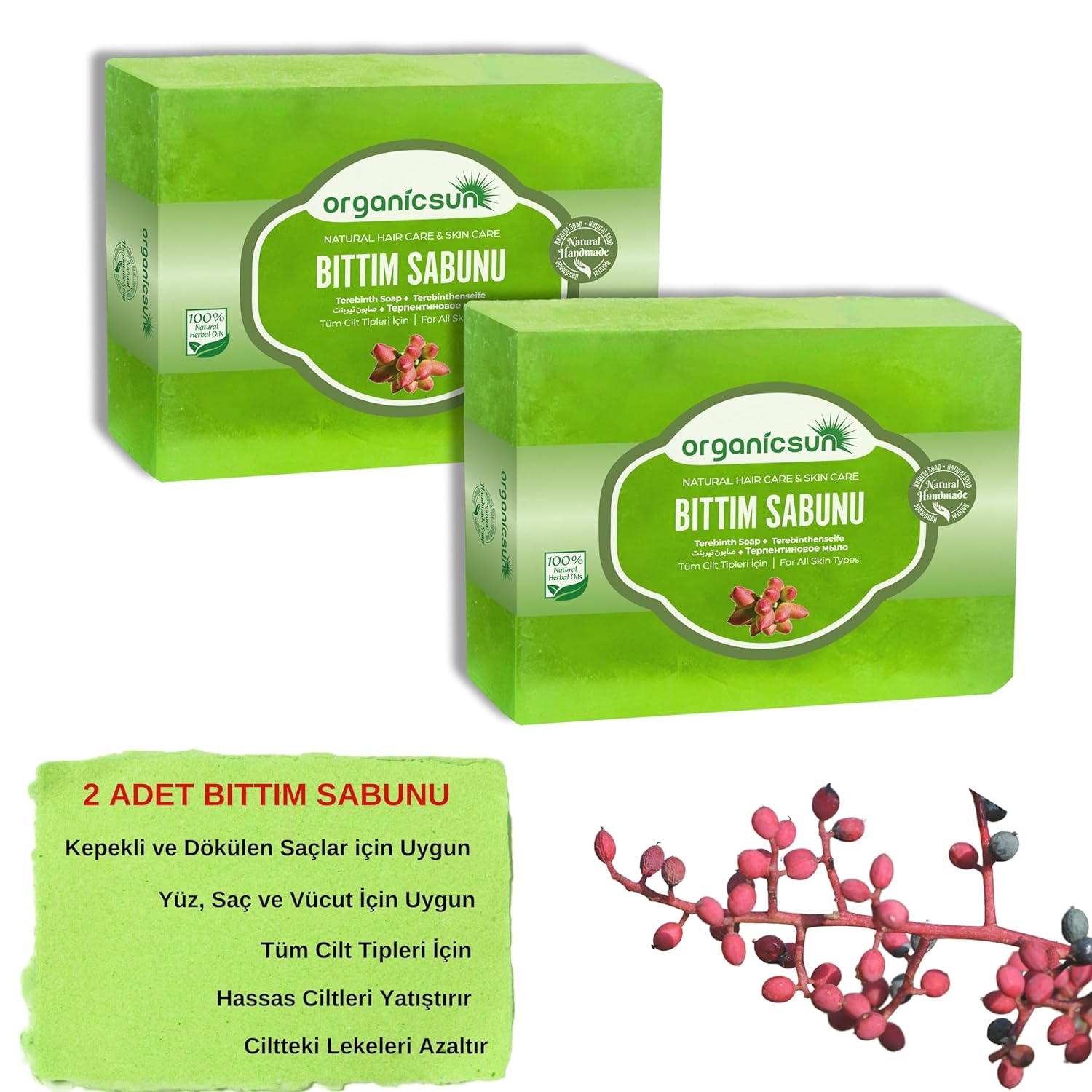 Organicsun Doğal Bıttım Sabunu 140 Gr x 2 Adet Saç Dökülmesine Karşı Tüm Saç ve Cilt Tipleri İçin