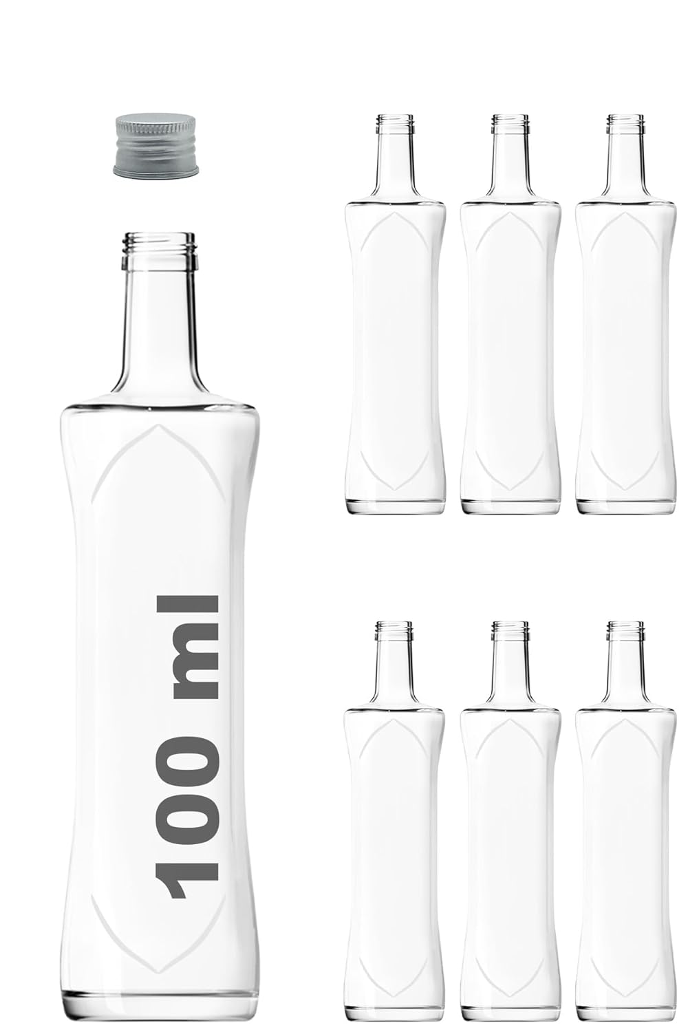 Afracam 100 ml Şeffaf Piramit Sosluk 100 cc Kapaklı Kavisli Cam Şişe 6 Adet (Gümüş (Metal))