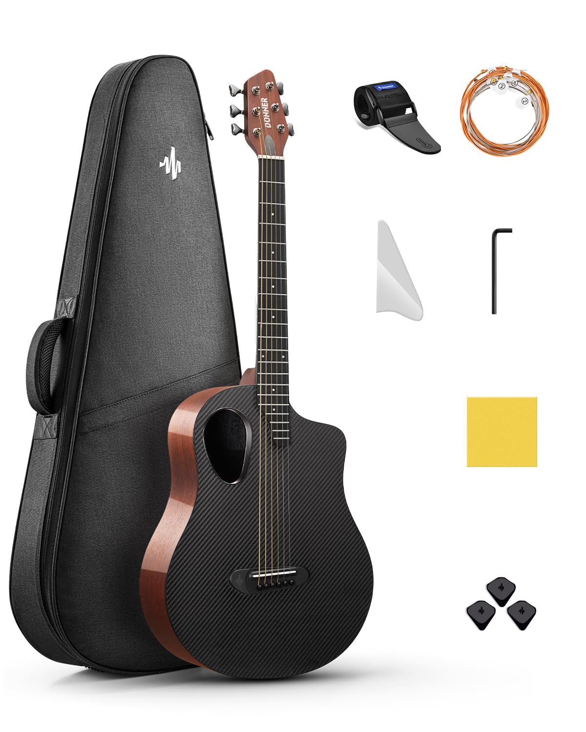 Donner Yeni Başlayanlar ve Orta Düzey Öğrenciler için Akustik Gitar Kitleri - Karbon Fiber Üstlü 38" Seyahat Gitarı, Ahşap Arka ve Yanlar, Kılıf, Kayış, Çelik Teller, RISING-G1 (Parlak, Kahverengi)