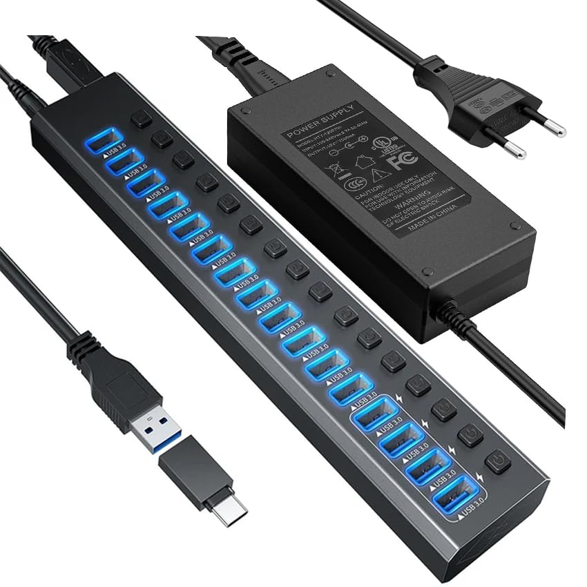 Coverzone Profesyonel USB Hub 16 Portlu USB 3.0 Type-C 5Gbps Hızlı Şarj Bireysel Açma Kapama Anahtarları 12V DC 7.5A Güç Adaptörü Telefon Şarj Dizüstü Bilgisayar Mobil HDD Flash Sürücü Port16