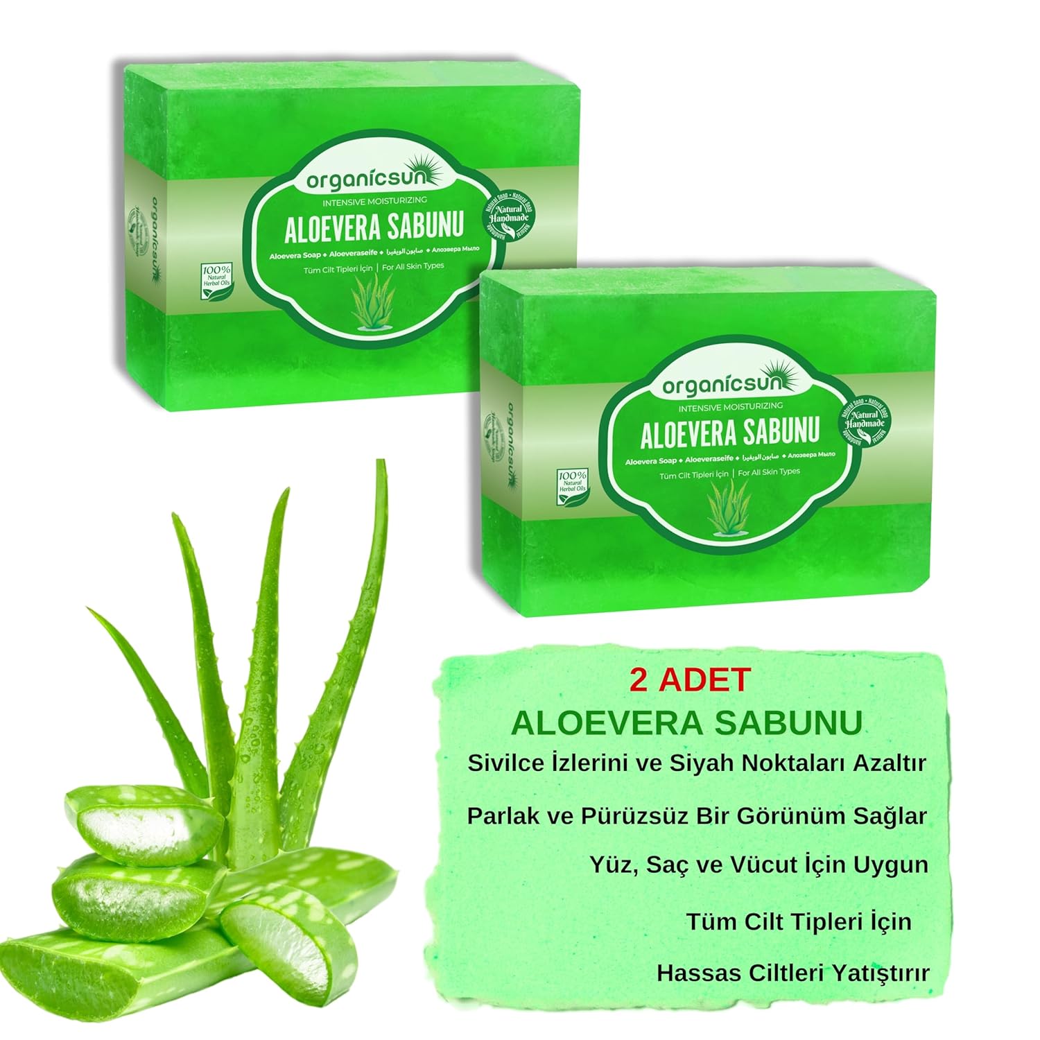 Organicsun Doğal Aloe Vera Sabunu 140 Gr x 2 Adet Tüm Cilt Tipleri İçin Yatıştırıcı ve Canlandırıcı Etkili