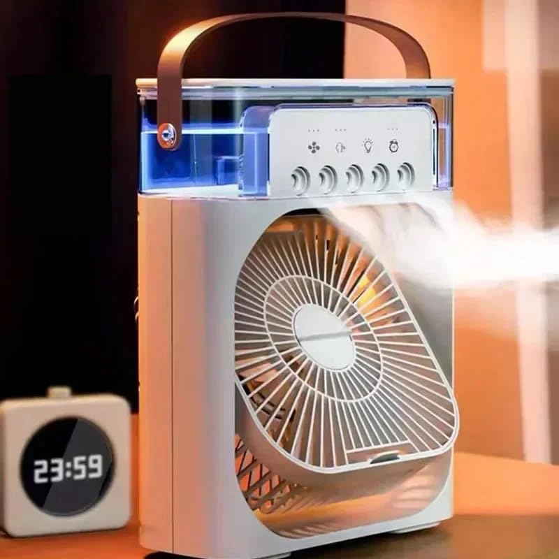 Coverzone Mini Buharlı Hava Soğutucu, Taşınabilir Portatif Klima, Mobil Sulu Klima, 3 Rüzgar Hızı, 3 Sis Modu, Buzlu Vantilatör 5 Sprey Delikli ile Renkli LED Işıklı Beyaz Renk - HR025 (Beyaz)
