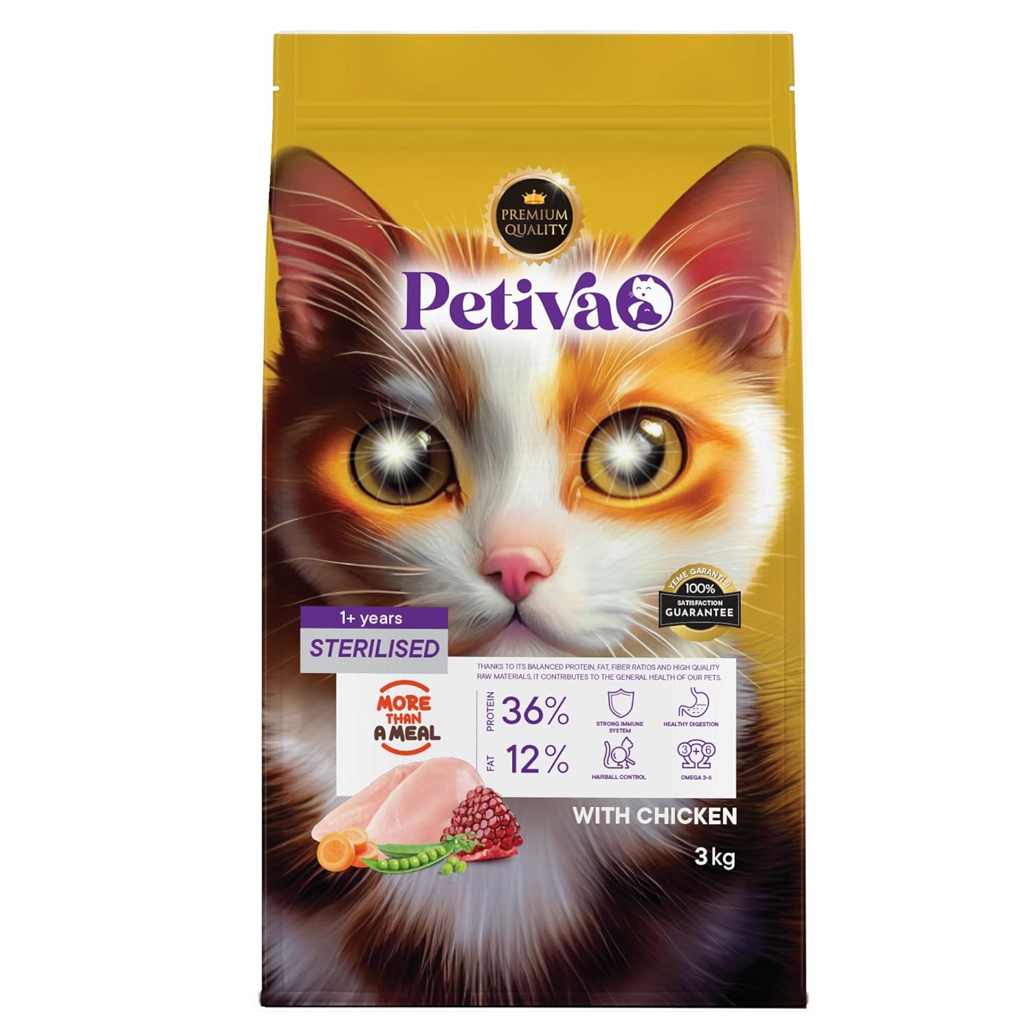 Petiva Kısırlaştırılmış Yetişkin Kediler İçin Tavuk Etli Kuru Kedi Maması (3 Kg, Tavuk)