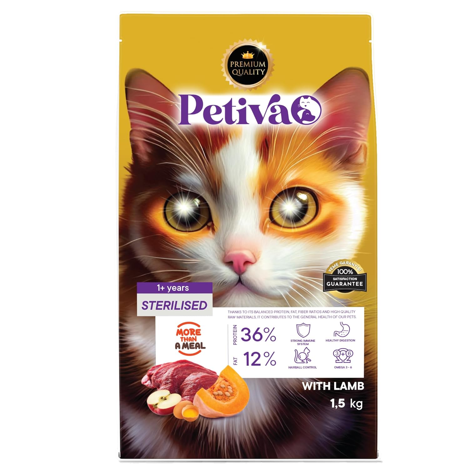 Petiva Kısırlaştırılmış Yetişkin Kediler İçin Kuzu Etli Kuru Kedi Maması (1.5 Kg, Kuzu)