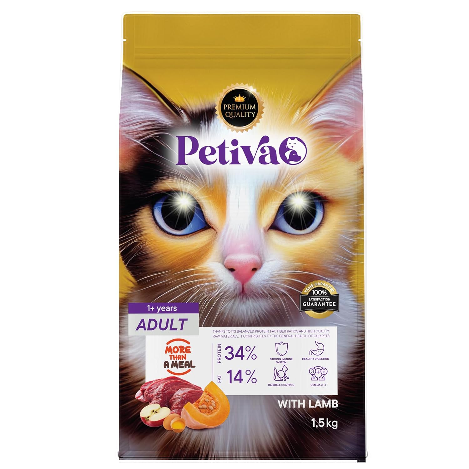 Petiva Yetişkin Kediler İçin Kuzu Etli Kuru Kedi Maması (1.5 Kg, Kuzu)