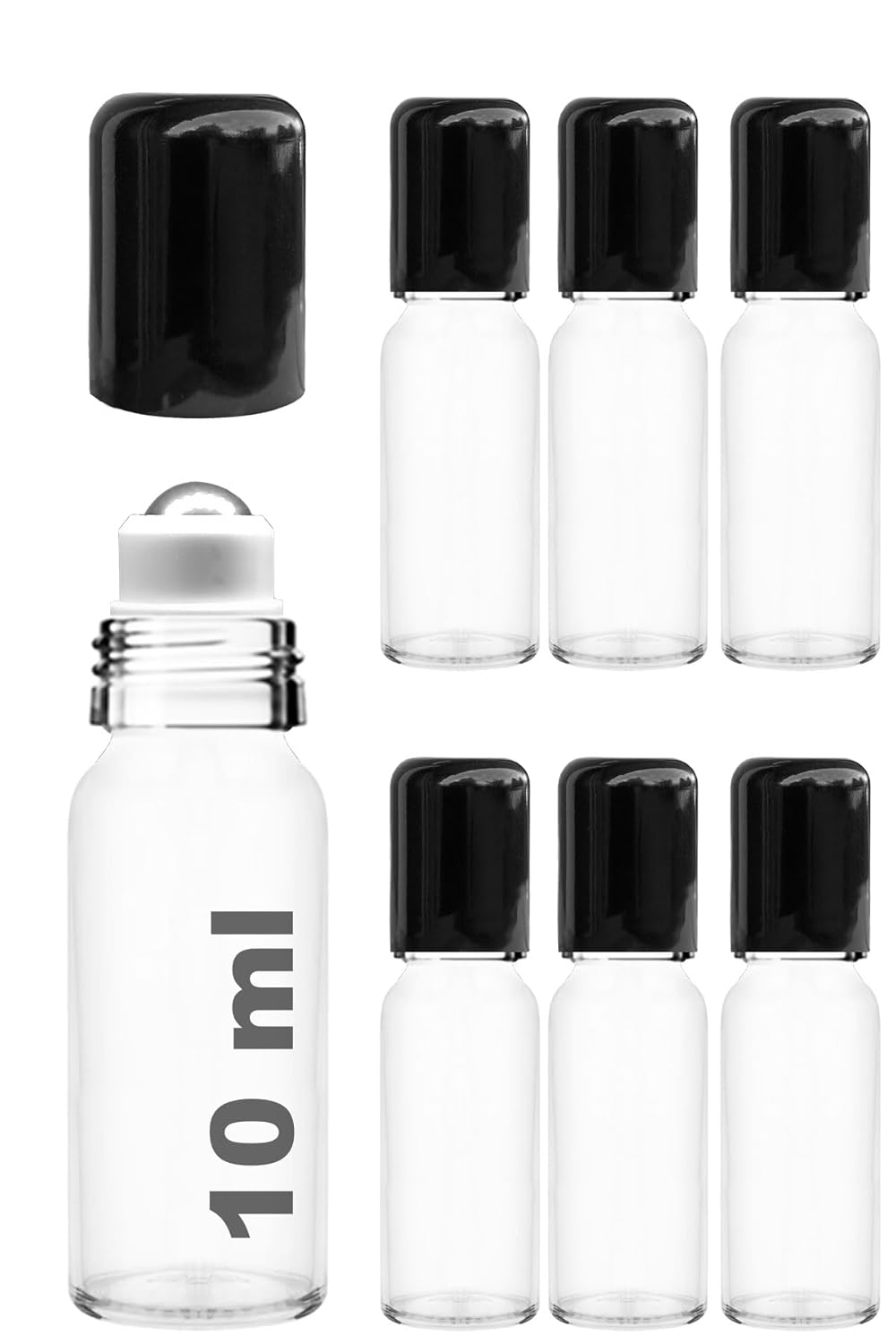 Afracam 10 ml Çelik Roll On Şişesi 10 cc Sızdırmaz Siyah Kapaklı Cam Şişe 6 Adet (Şeffaf, 10)