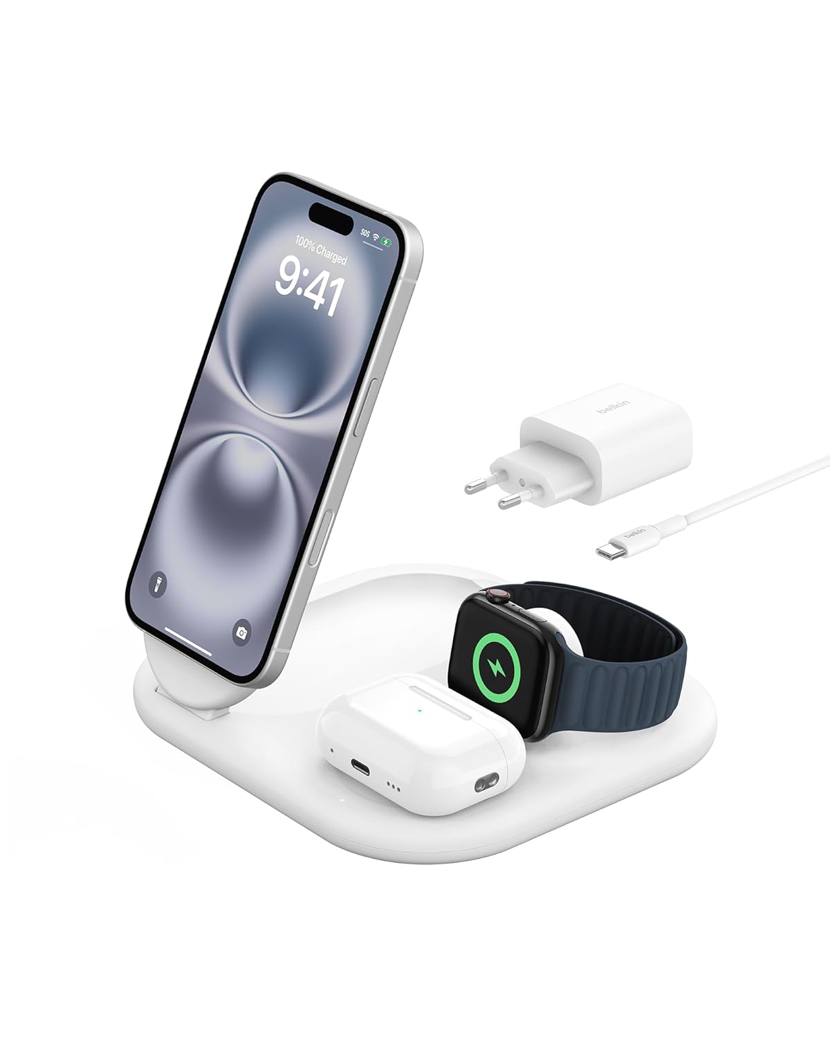 Belkin MagSafe Şarj Cihazı, BoostCharge 3'ü 1 Arada Manyetik Katlanabilir Şarj Aleti Qi2 15W - Kaymaz Tabanlı iPhone 16, 15, Apple Watch, AirPods için MagSafe Uyumlu Hızlı Şarj, PSU Dahil - Beyaz