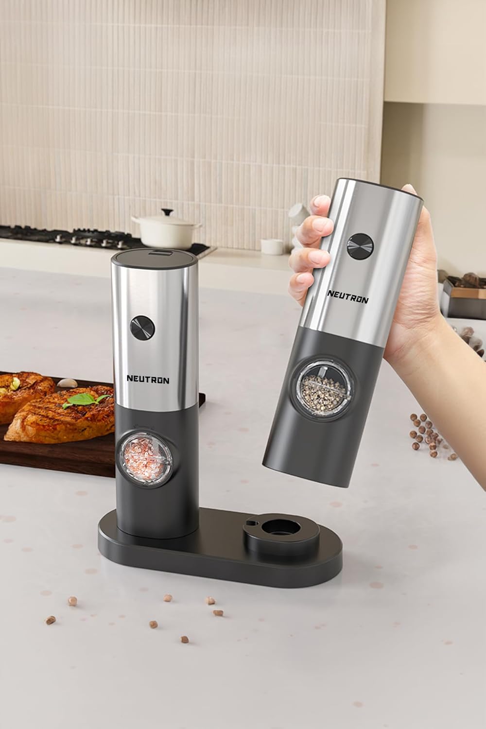 Pilli Led Işıklı Tuz Karabiber Değirmeni Otomatik Baharat Öğütücü 2li Paket