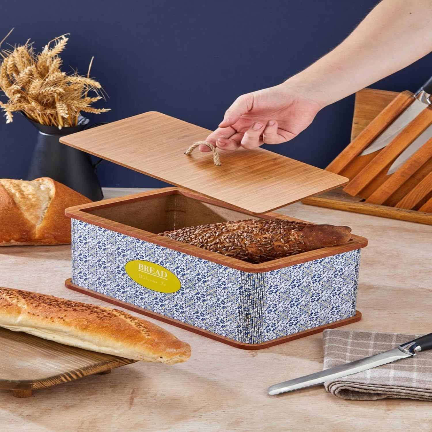 welcomein Özel Tasarım Doğal Ahşap Ekmeklik Sepeti Lüks Ekmeklik Kutusu Çok Amaçlı Kutu Mutfak Kitchen Bread (Amalfi)