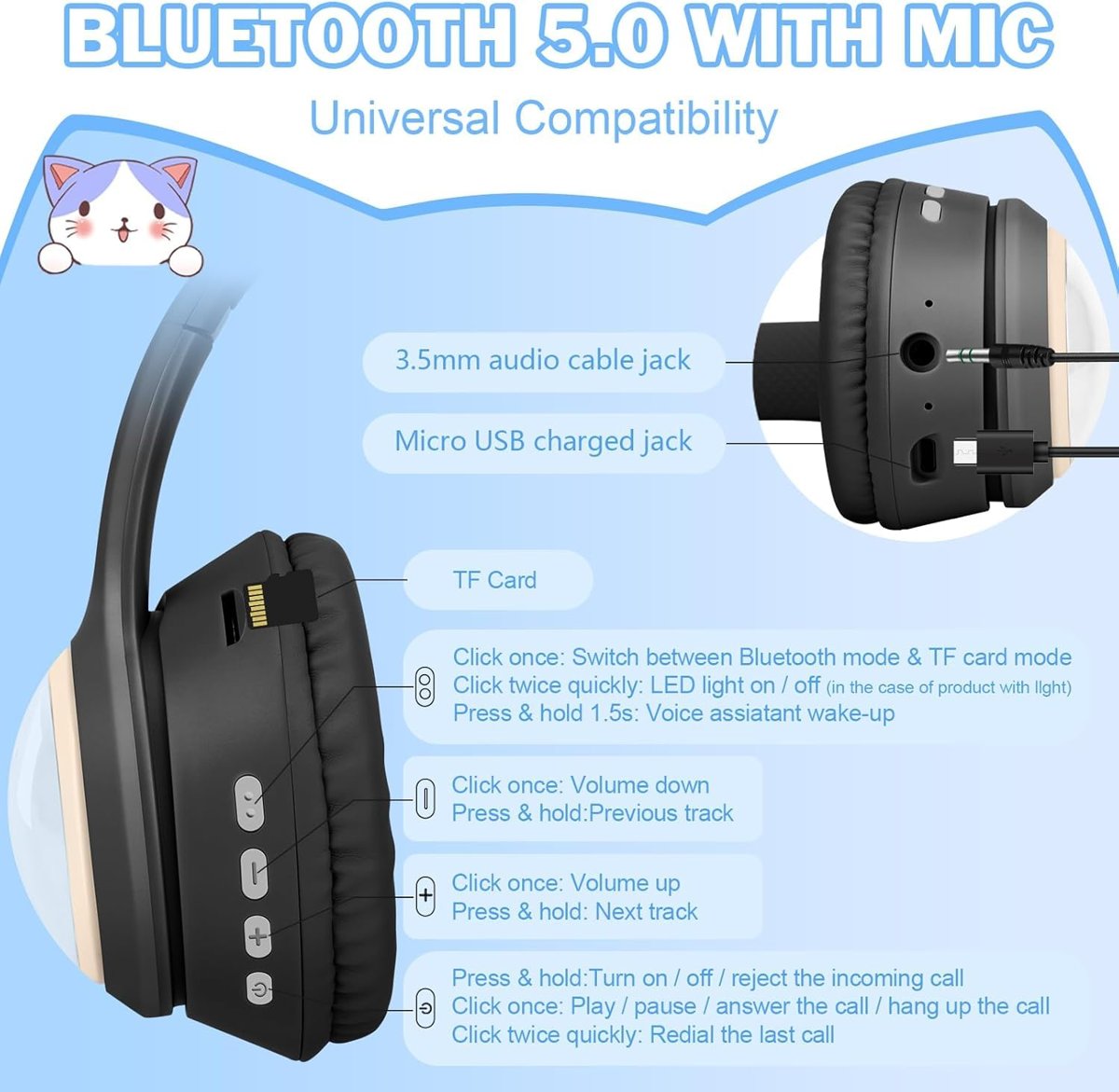 HEARTZ RENKLİ BÜYÜK A KALİTE KULAK ÜSTÜ TAÇ RENKLİ IŞIKLI KEDİ KULAKLI KEDİ KABARTMALI 5.3 VERSİON PED BALŞLIKLI BOYU AYARLANABİLEN ÇOK RAHAT BLUETOOTH KULAKLIK AKZ 02 (TURQUAZ)