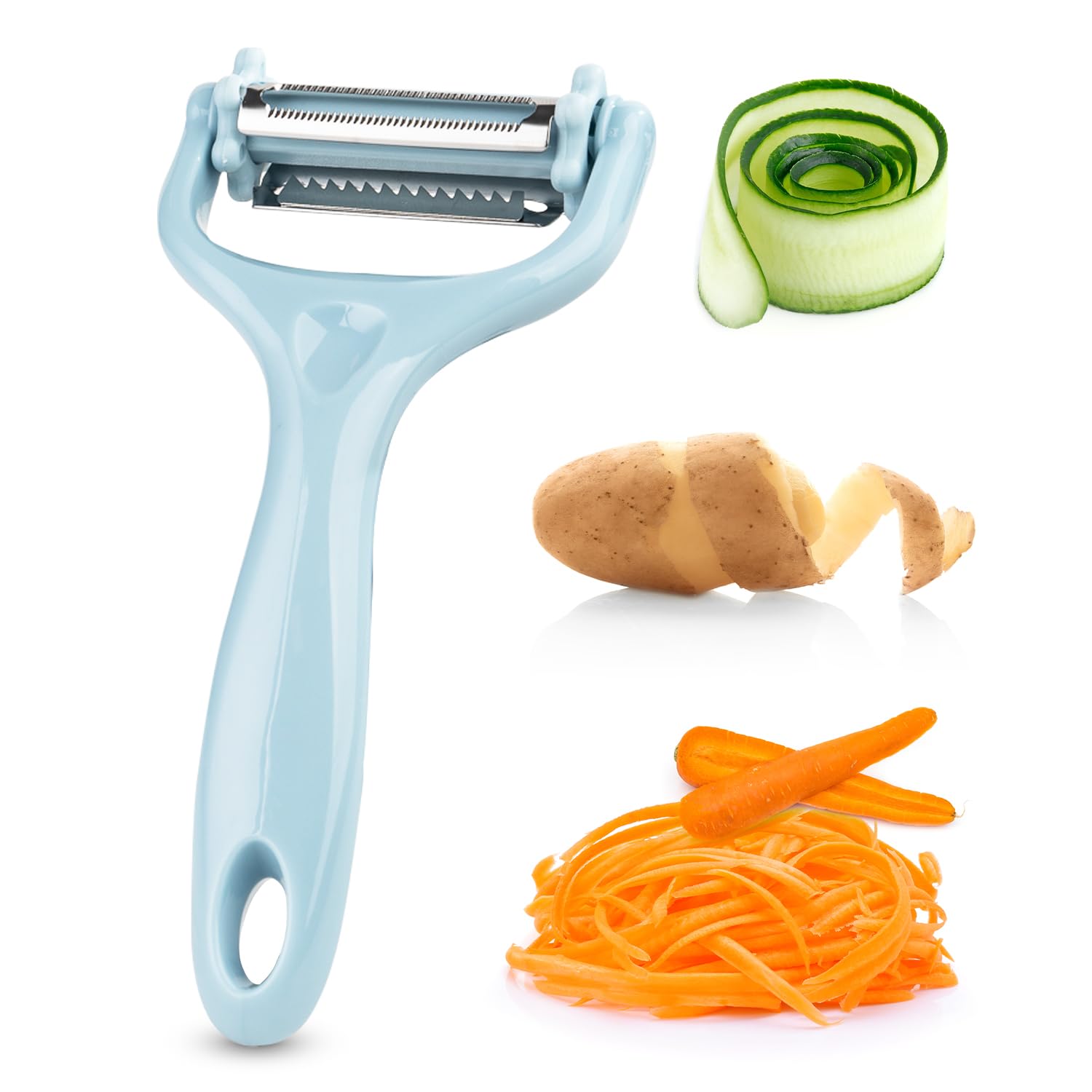Bluefox 3'ü 1 Arada Patates ve Sebze Soyucu – Paslanmaz Çelik Bıçaklı, Düz + Tırtıklı + Jülyen Soyma, Ergonomik Sap, Bulaşık Makinesine Uygun, Kompakt ve Dayanıklı Mutfak Gereci