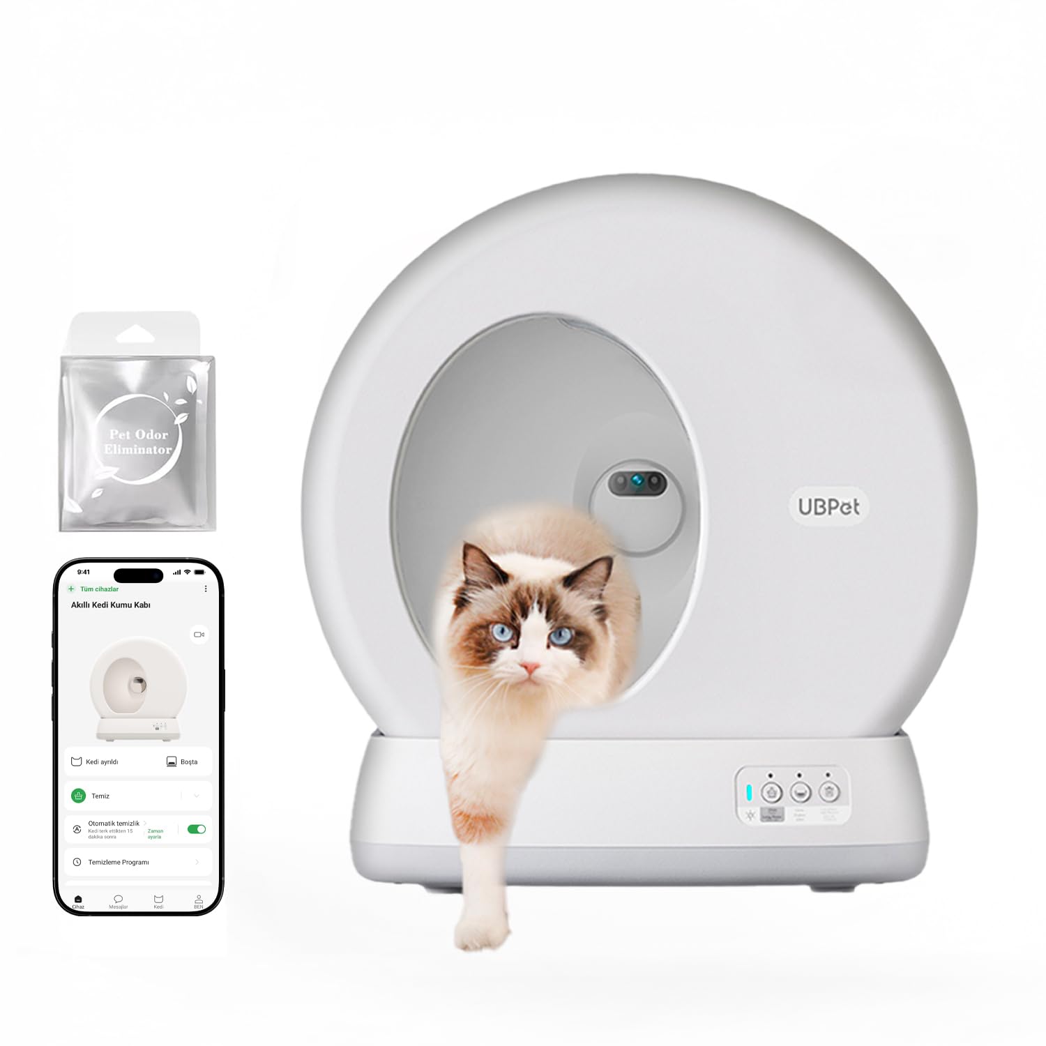 UBPet C10 Pro Kameralı Akıllı Kedi Tuvaleti – Entegre HD Kameralı, Otomatik Temizleme, Mobil Uygulama Kontrolü, Akıllı Sensörler, Sessiz Çalışma, Geniş İç Hacim, Koku Hediyeli