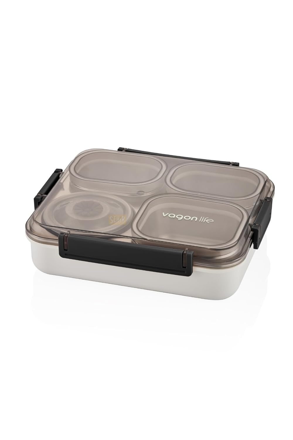 Vagonlife Bento 1200ml Lunchbox Tek Katlı 4 Bölmeli ve Kaseli Çelik Sefer Tası Yemek Kutusu (Siyah)