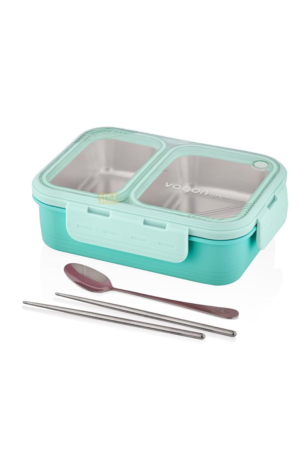 Vagonlife Bento 700ml Lunchbox Tek Katlı 2 Bölmeli Çelik Sefer Tası Yemek Kutusu (Turkuaz)