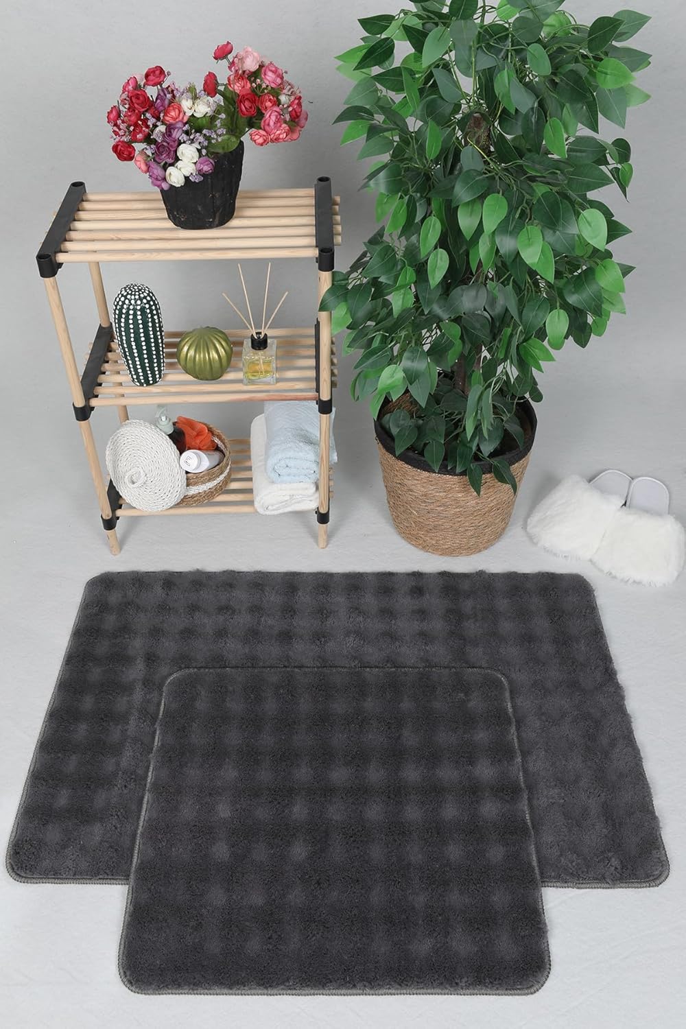 my evilla Modern Bubble Yıkanabilir Kaymaz Peluş Banyo Paspası Halısı 2li Klozet Takımı 50X80-50x40cm Antrasit