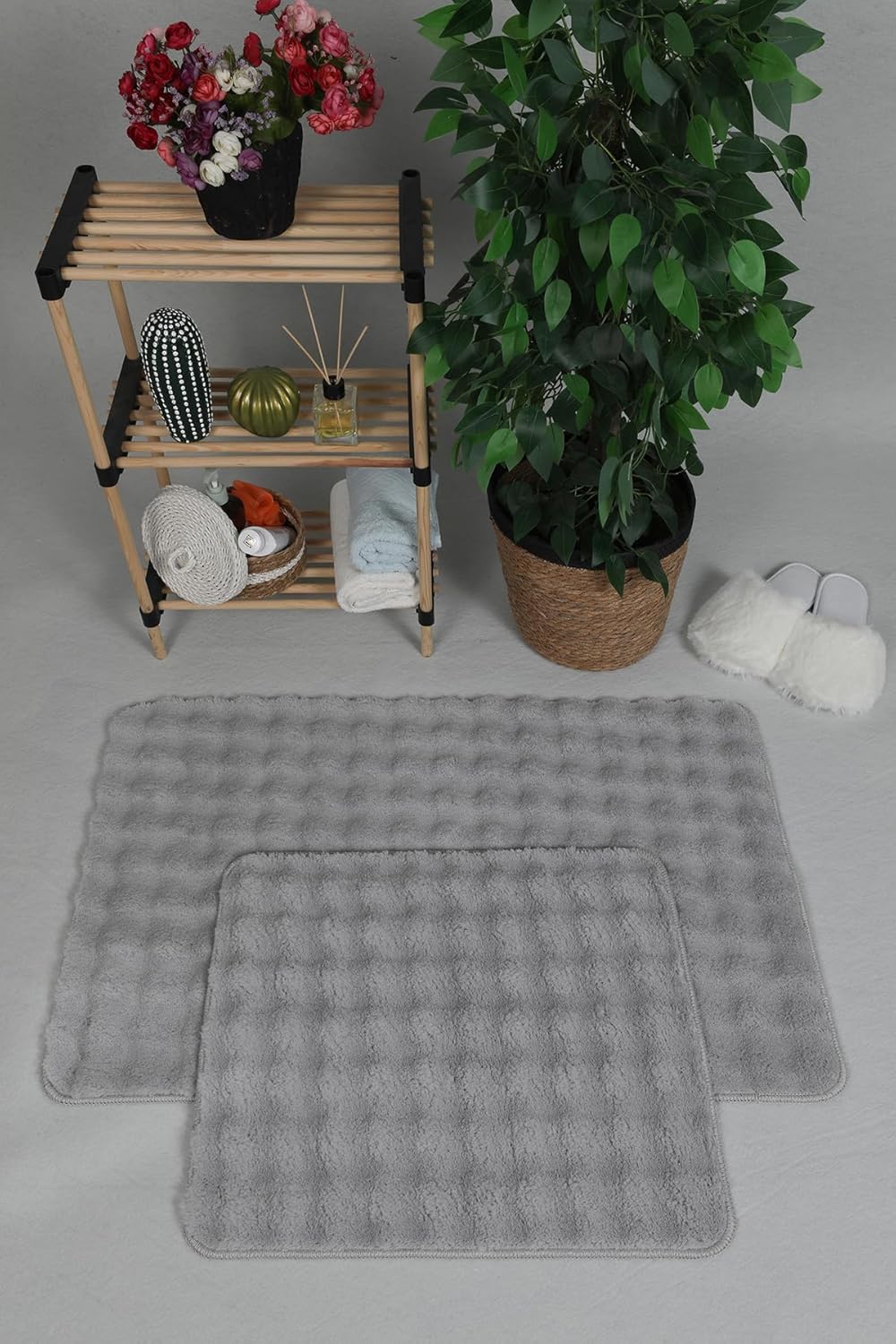 my evilla Modern Bubble Yıkanabilir Kaymaz Peluş Banyo Paspası Halısı 2'li Klozet Takımı 50X80-50x40cm Gri